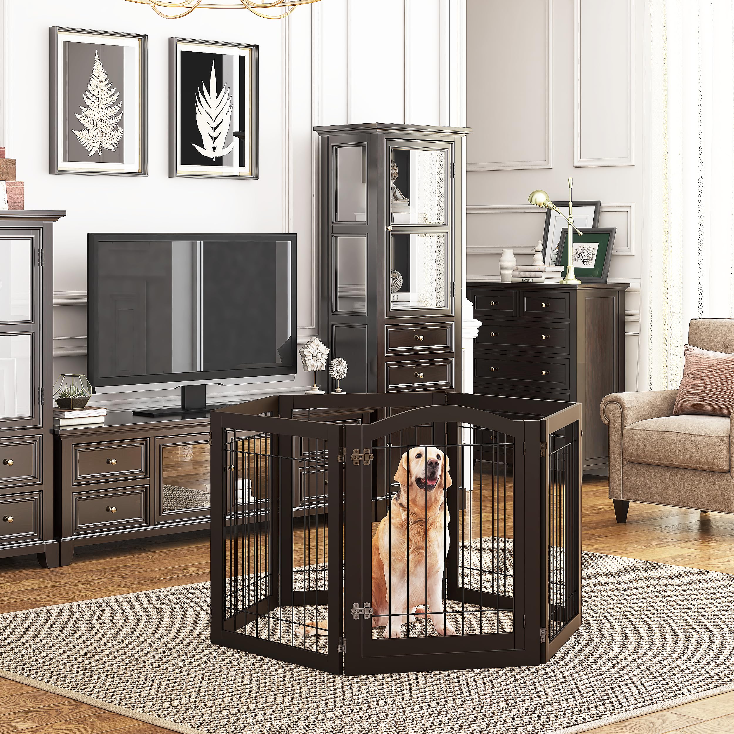 PAWLAND 144-inch Extra Wide 30-inches Tall Dog gate with Door Walk Through, Freestanding Wire Pet Gate for The House, Doorway, Stairs, Pet Puppy Safety Fence, Support Feet Included, Espresso,6 Panels - Image 3