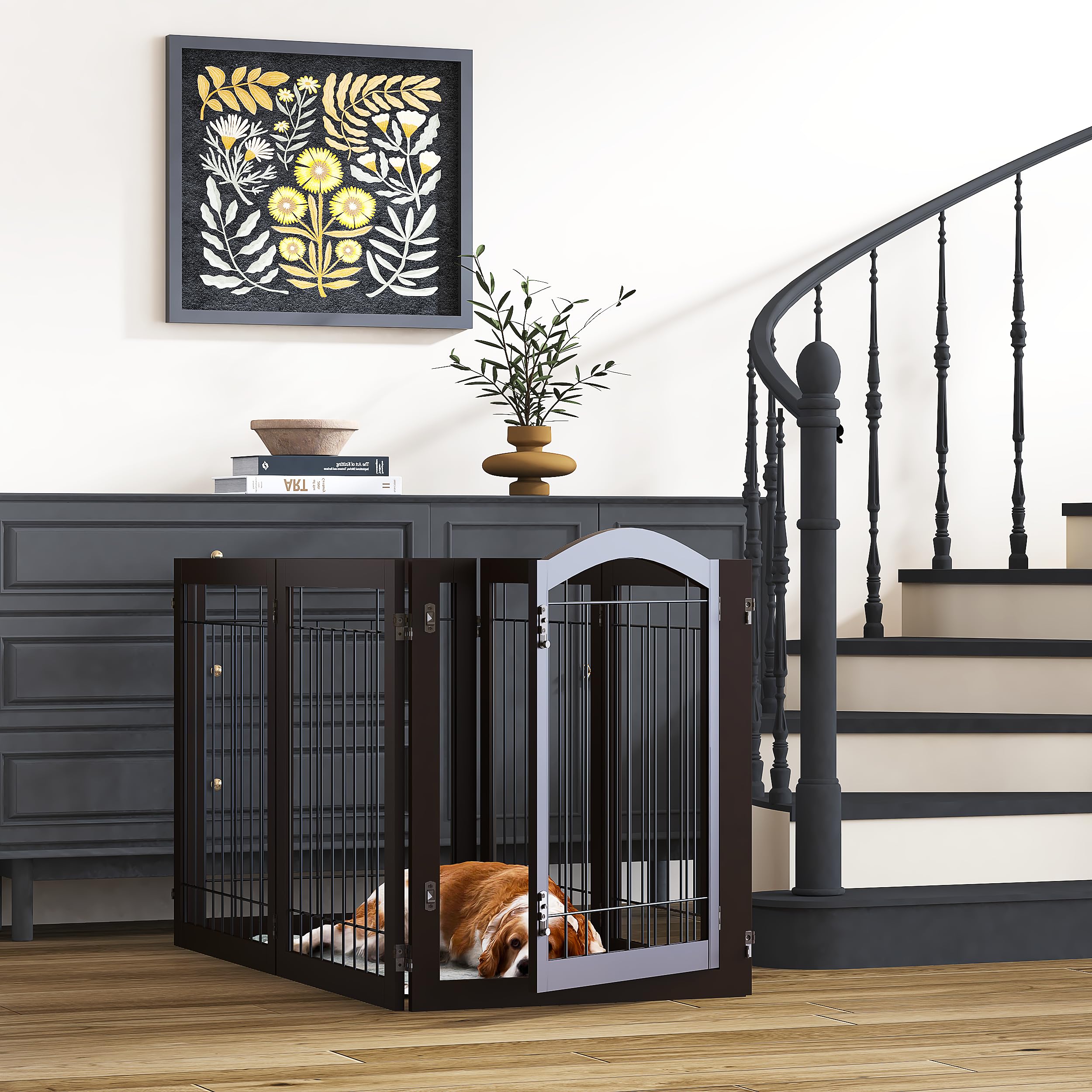 PAWLAND 144-inch Extra Wide 30-inches Tall Dog gate with Door Walk Through, Freestanding Wire Pet Gate for The House, Doorway, Stairs, Pet Puppy Safety Fence, Support Feet Included, Espresso,6 Panels - Image 4