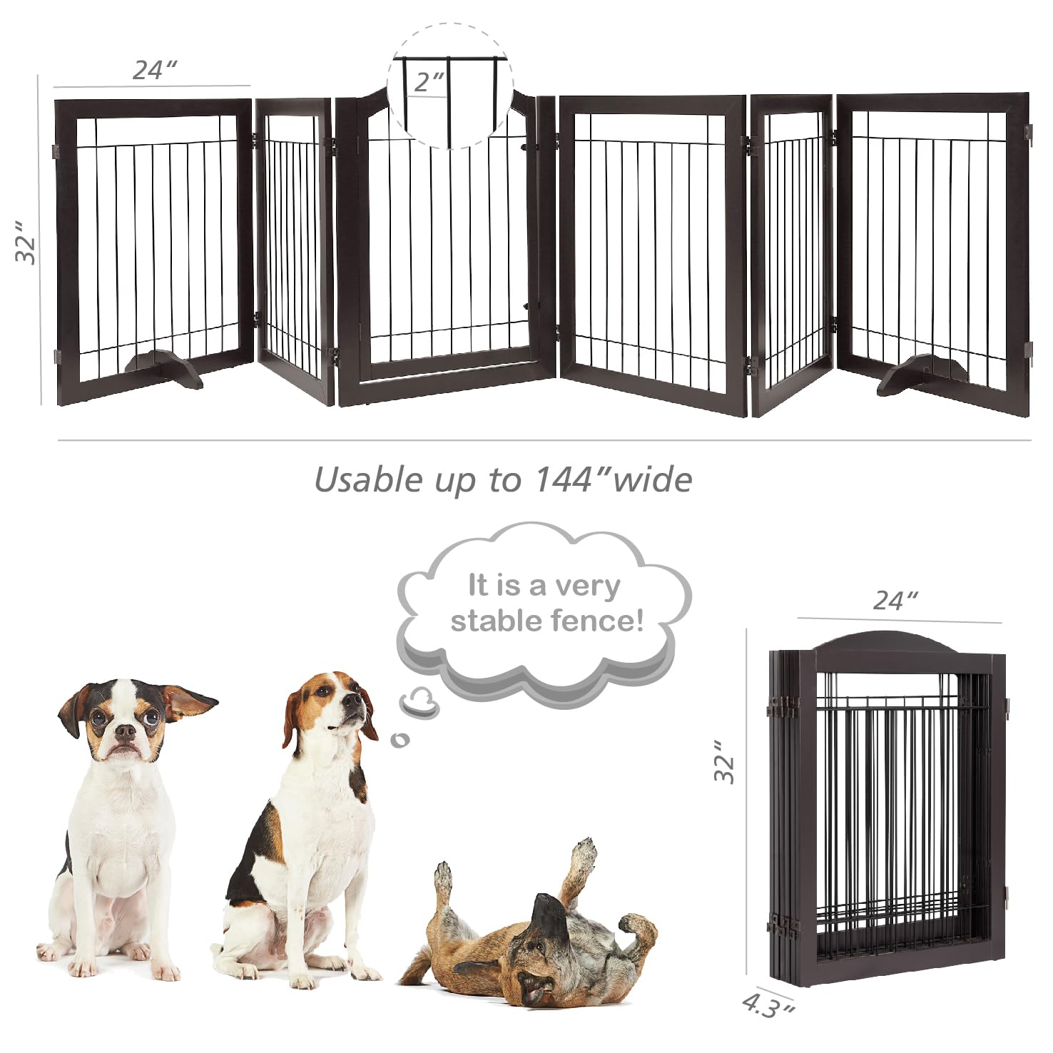 PAWLAND 144-inch Extra Wide 30-inches Tall Dog gate with Door Walk Through, Freestanding Wire Pet Gate for The House, Doorway, Stairs, Pet Puppy Safety Fence, Support Feet Included, Espresso,6 Panels - Image 5