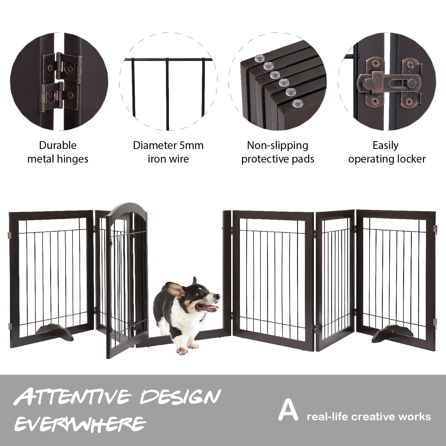 PAWLAND 144-inch Extra Wide 30-inches Tall Dog gate with Door Walk Through, Freestanding Wire Pet Gate for The House, Doorway, Stairs, Pet Puppy Safety Fence, Support Feet Included, Espresso,6 Panels - Image 8