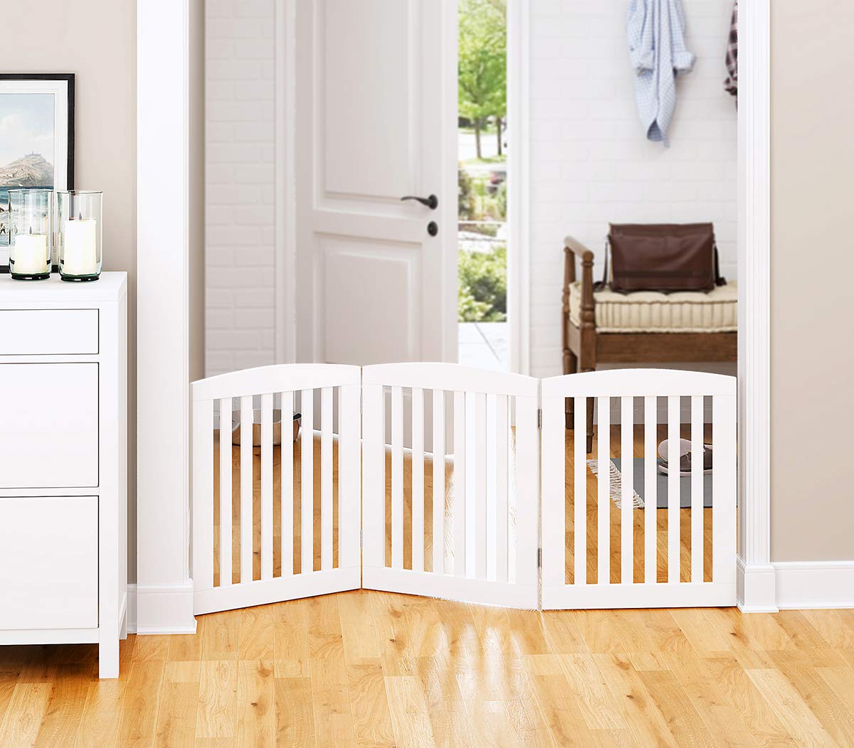 PAWLAND Wooden Freestanding Foldable Pet Gate for Dogs, 24 inch 3 Panels Step Over Fence, Dog Gate for The House, Doorway, Stairs, Extra Wide (White, 24" Height-3 Panels) - Image 4