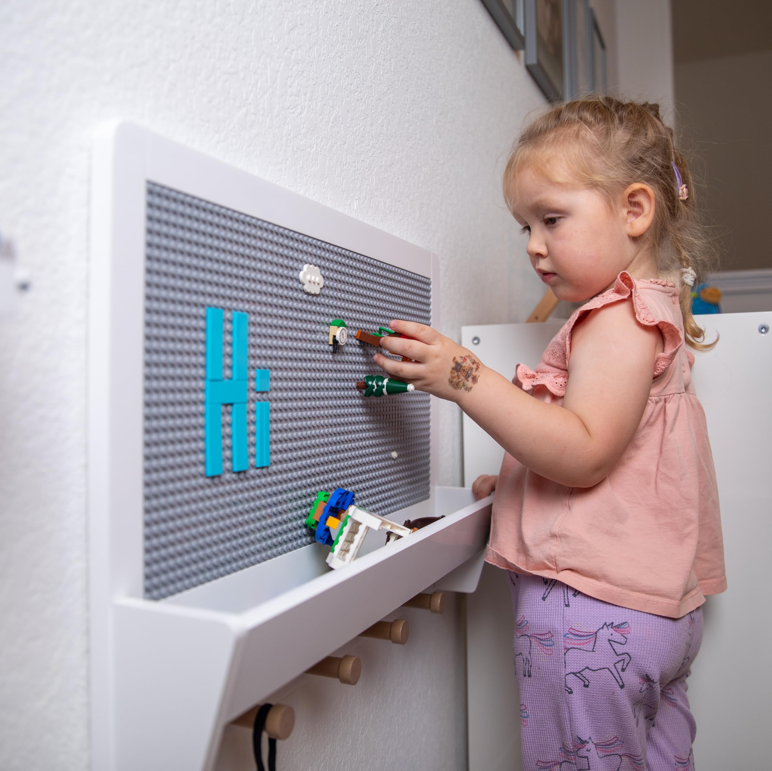 UTEX 2 in 1 Building Block Wall Panel for Kids with Shelf and Hooks, Wood Wall Shelf for Playroom, Nursery - Image 6