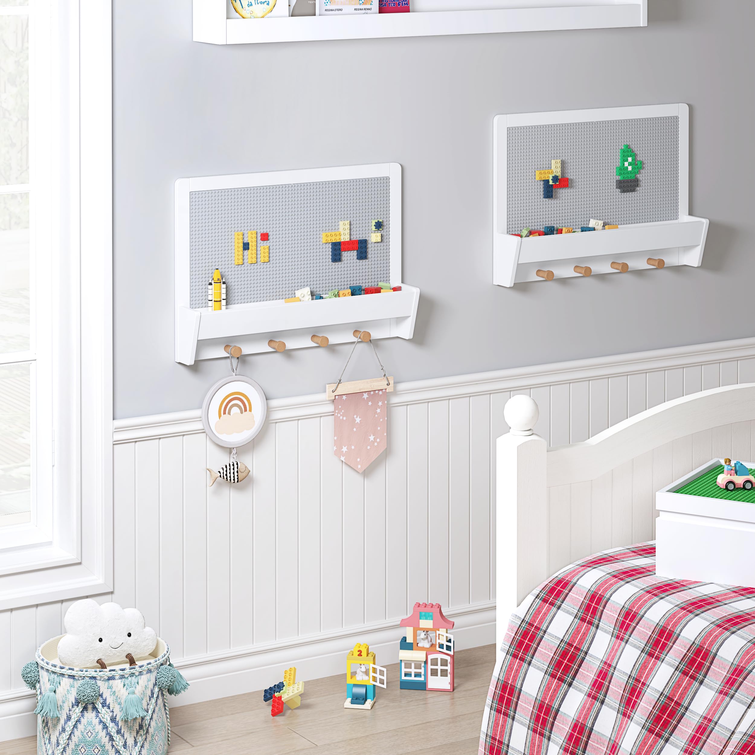 UTEX 2 in 1 Building Block Wall Panel for Kids with Shelf and Hooks, Wood Wall Shelf for Playroom, Nursery - Image 8