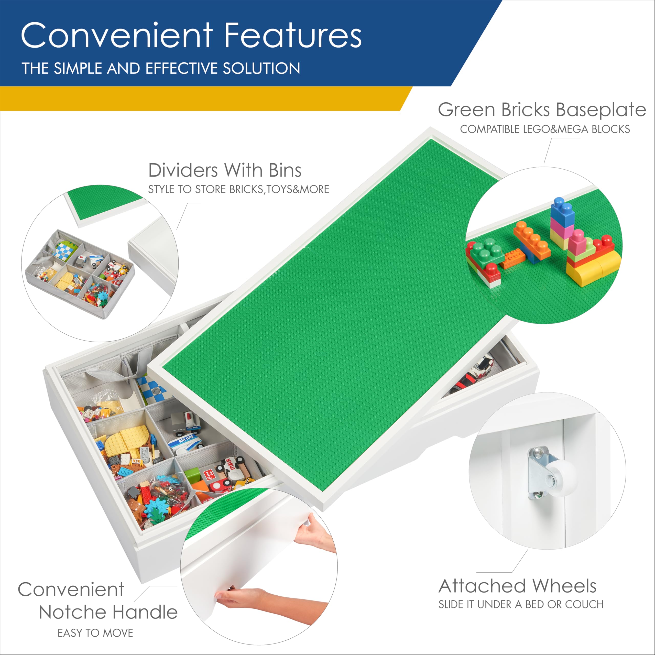 UTEX 3 in 1 Construction Play Table Compatible with Lego, Rolling Kids Activity Train Table with Storage and Wheels, Reversible Top Store Under Beds or Sofas - Image 5