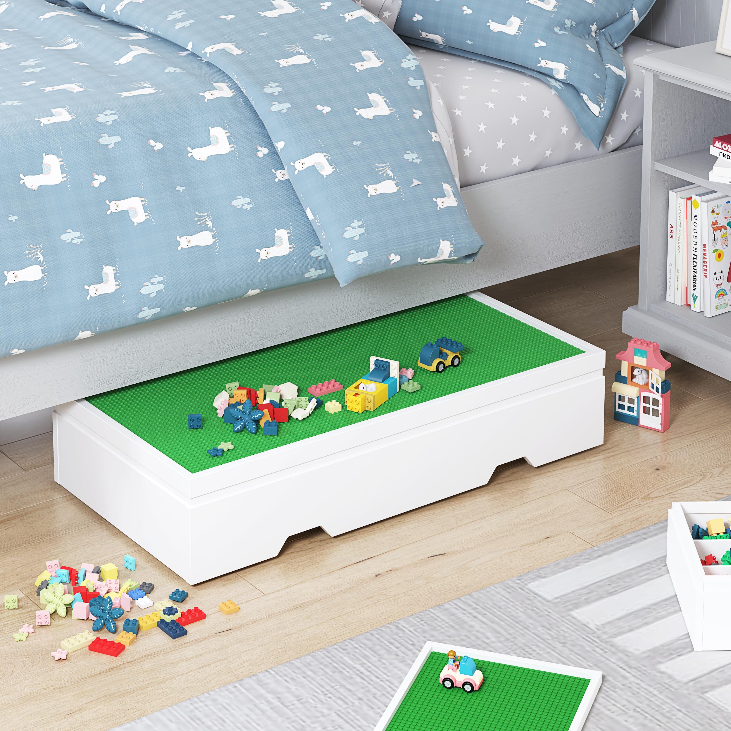 UTEX 3 in 1 Construction Play Table Compatible with Lego, Rolling Kids Activity Train Table with Storage and Wheels, Reversible Top Store Under Beds or Sofas - Image 9