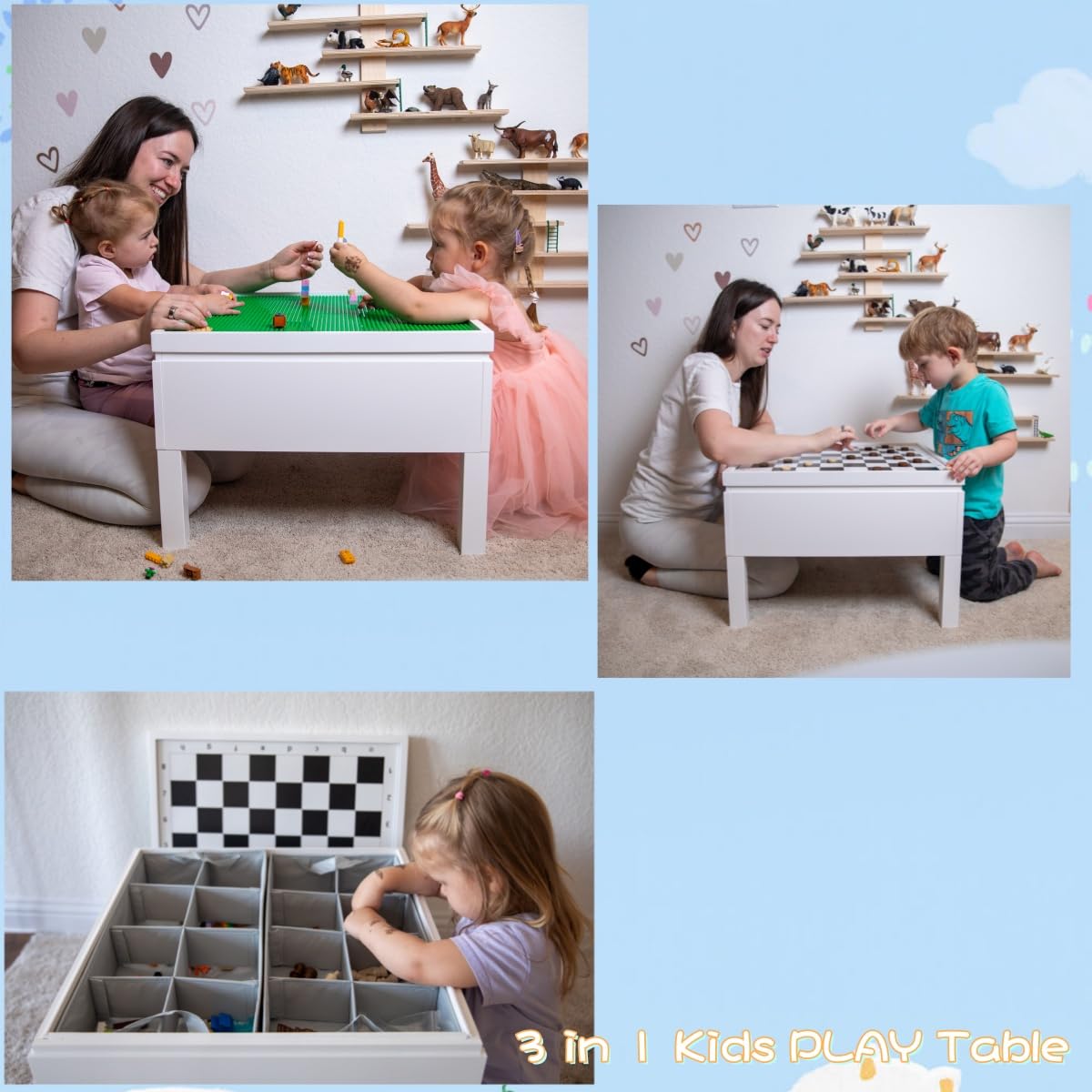 UTEX 3 in 1 Kids Activity Table with Storage, Kids Construction Play Table Compatible with Lego and Duplo Bricks, Chess Table for Building Block, Drawing, Crafts - Image 4