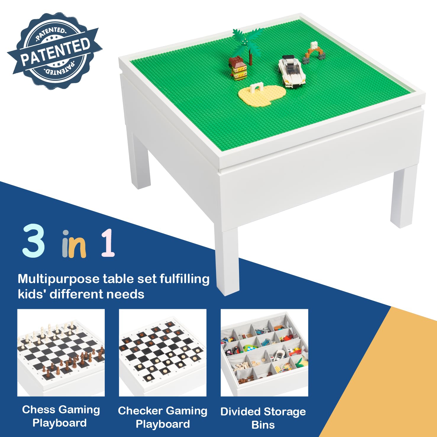 UTEX 3 in 1 Kids Activity Table with Storage, Kids Construction Play Table Compatible with Lego and Duplo Bricks, Chess Table for Building Block, Drawing, Crafts - Image 5