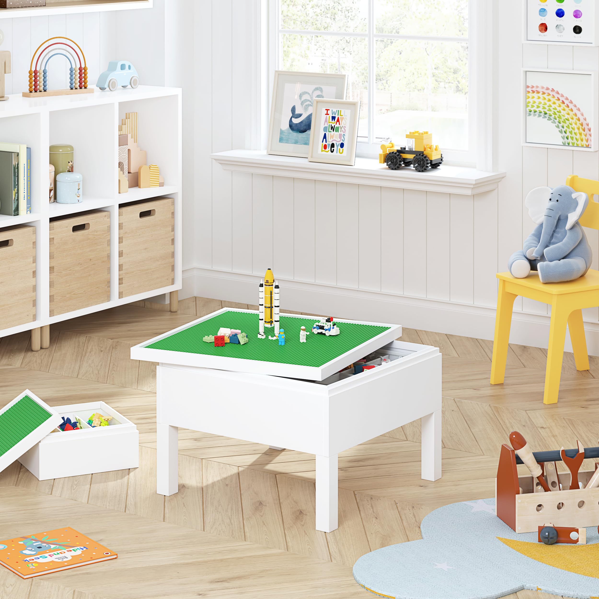 UTEX 3 in 1 Kids Activity Table with Storage, Kids Construction Play Table Compatible with Lego and Duplo Bricks, Chess Table for Building Block, Drawing, Crafts - Image 6