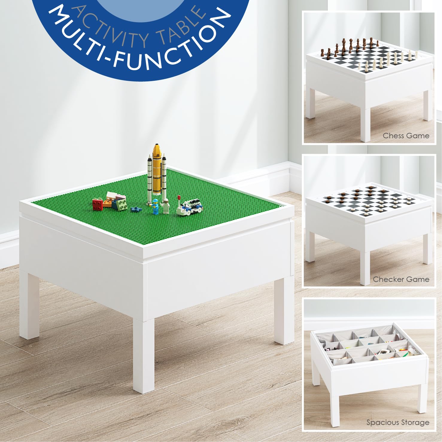 UTEX 3 in 1 Kids Activity Table with Storage, Kids Construction Play Table Compatible with Lego and Duplo Bricks, Chess Table for Building Block, Drawing, Crafts - Image 7