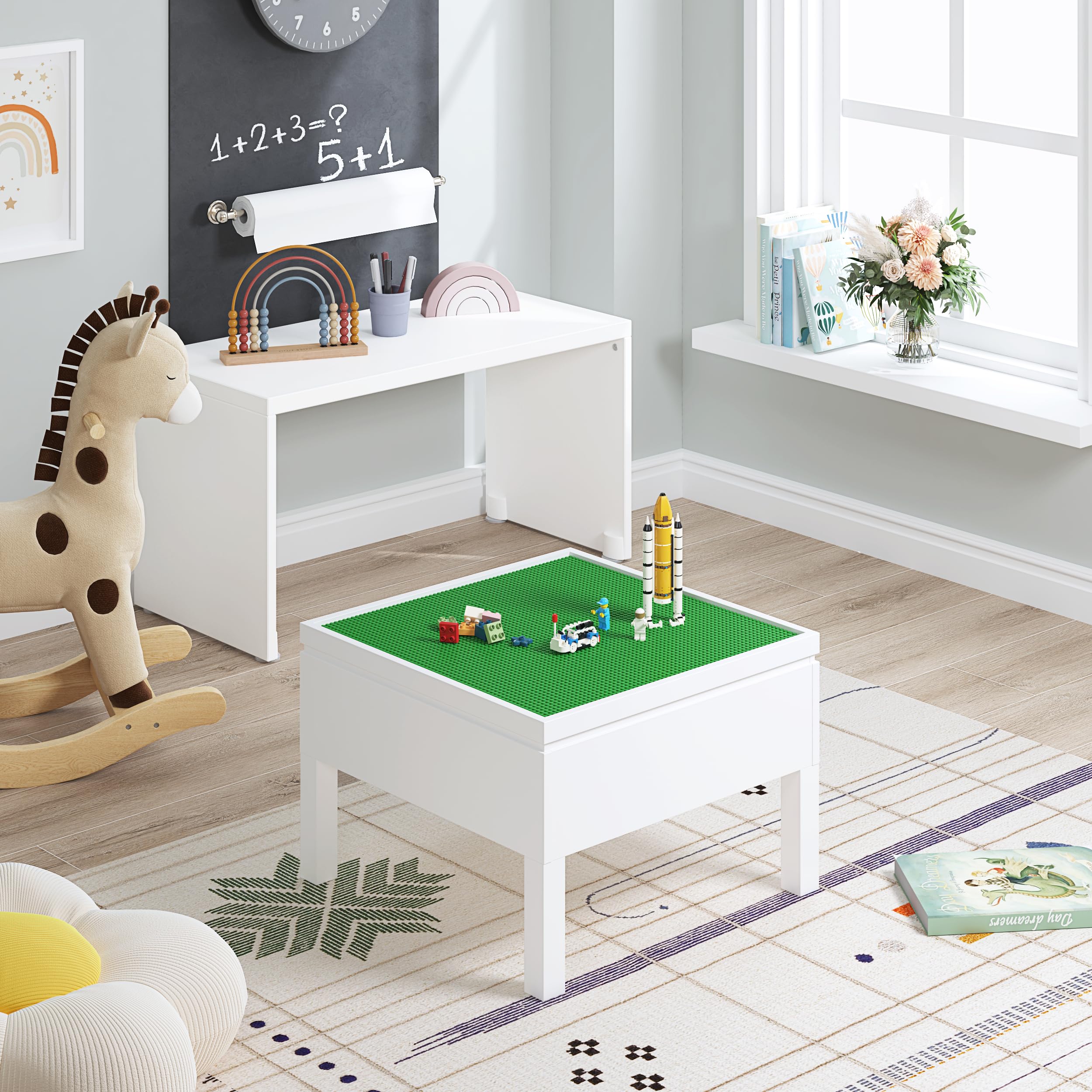 UTEX 3 in 1 Kids Activity Table with Storage, Kids Construction Play Table Compatible with Lego and Duplo Bricks, Chess Table for Building Block, Drawing, Crafts - Image 8