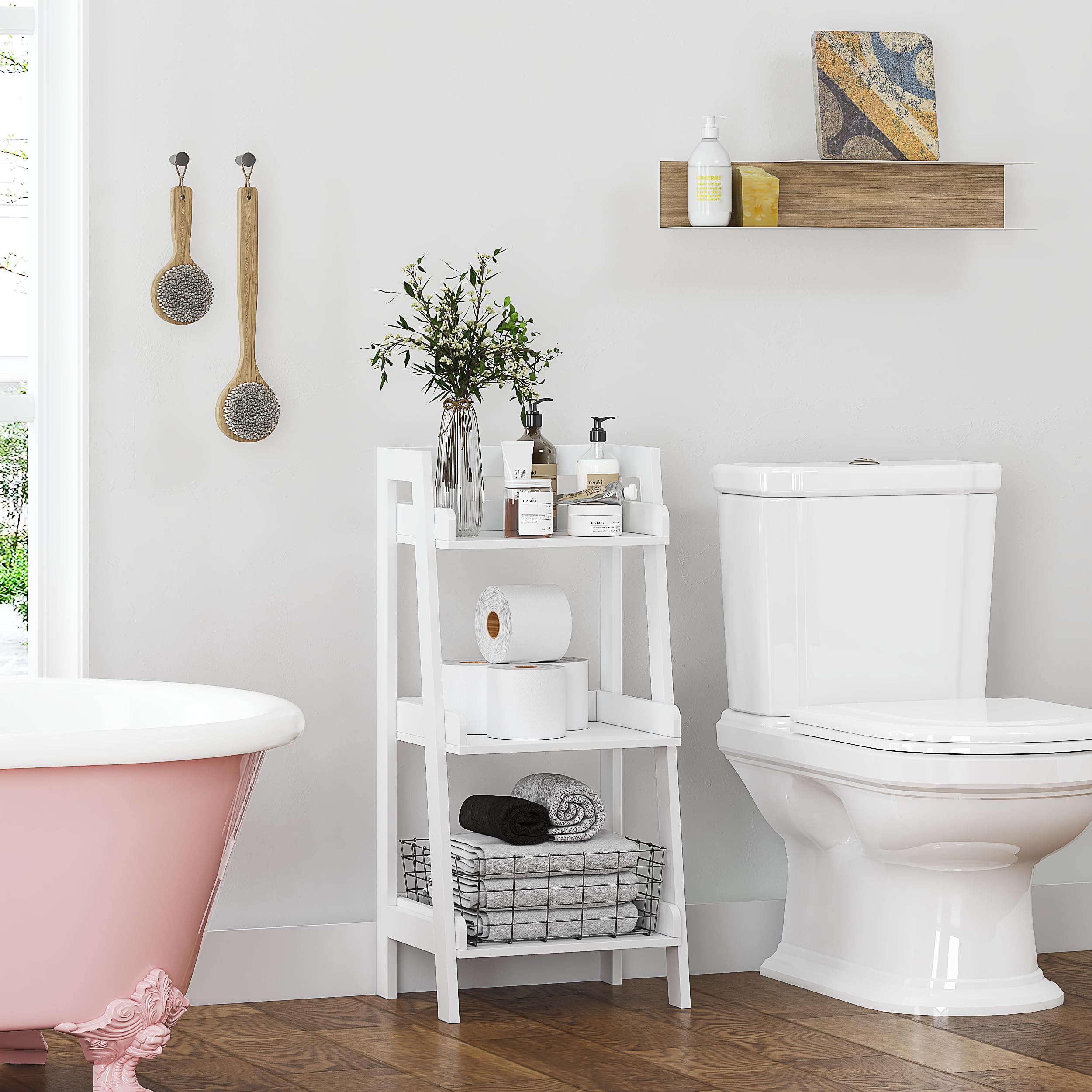 UTEX 3-Tier Ladder Shelf, Bathroom Shelf Freestanding, 3-Shelf Spacesaver Open Wood Shelving Unit, Ladder Shelf (White) - Image 3