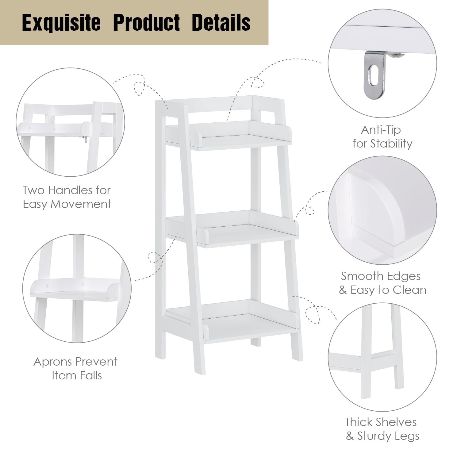 UTEX 3-Tier Ladder Shelf, Bathroom Shelf Freestanding, 3-Shelf Spacesaver Open Wood Shelving Unit, Ladder Shelf (White) - Image 4