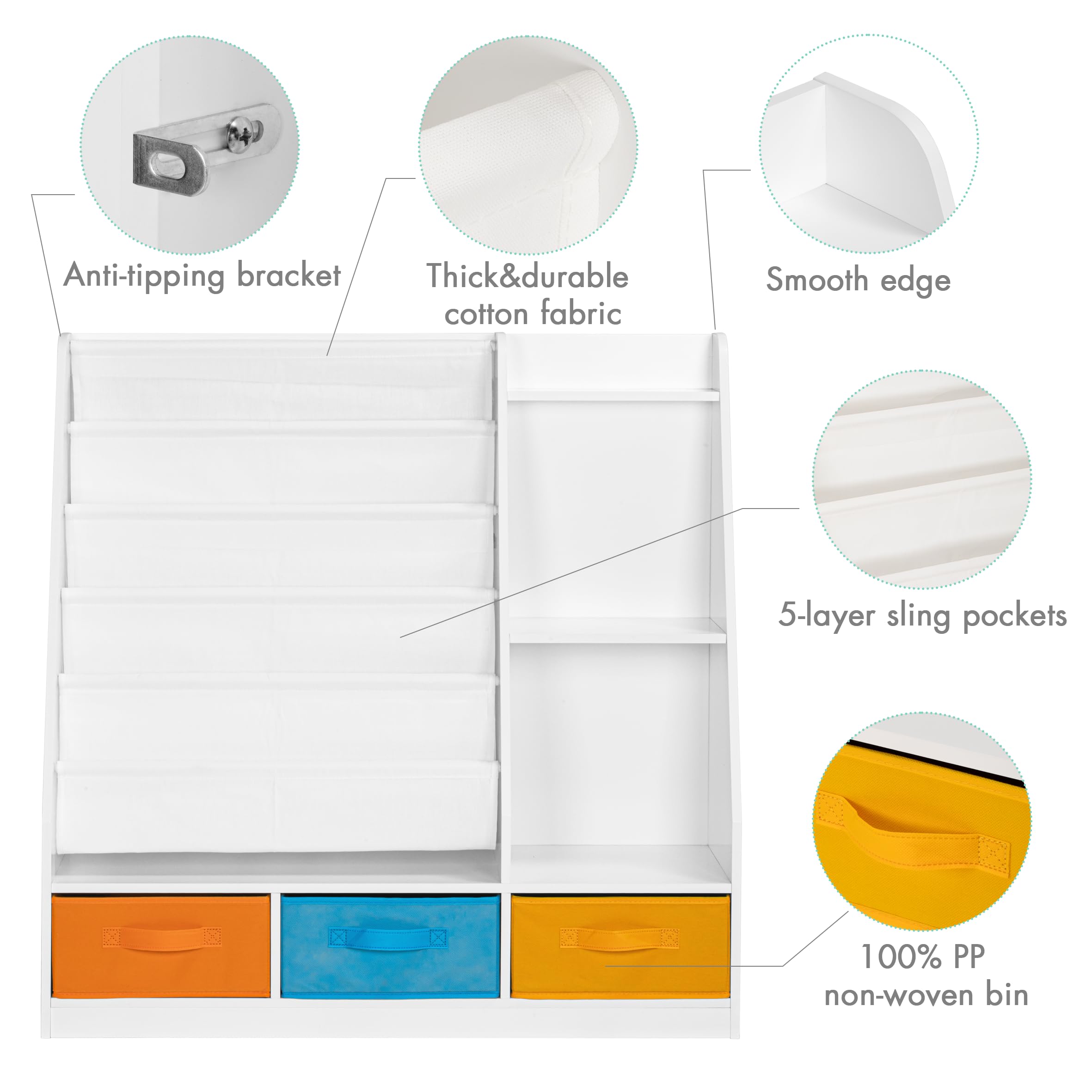 UTEX 5-Tier Kids Sling Bookshelf with Storage Bins, Wood Children Bookcase, Toddler Montessori Book Shelf for Kids Room, Classroom, Bedroom, and Nursery, White - Image 4