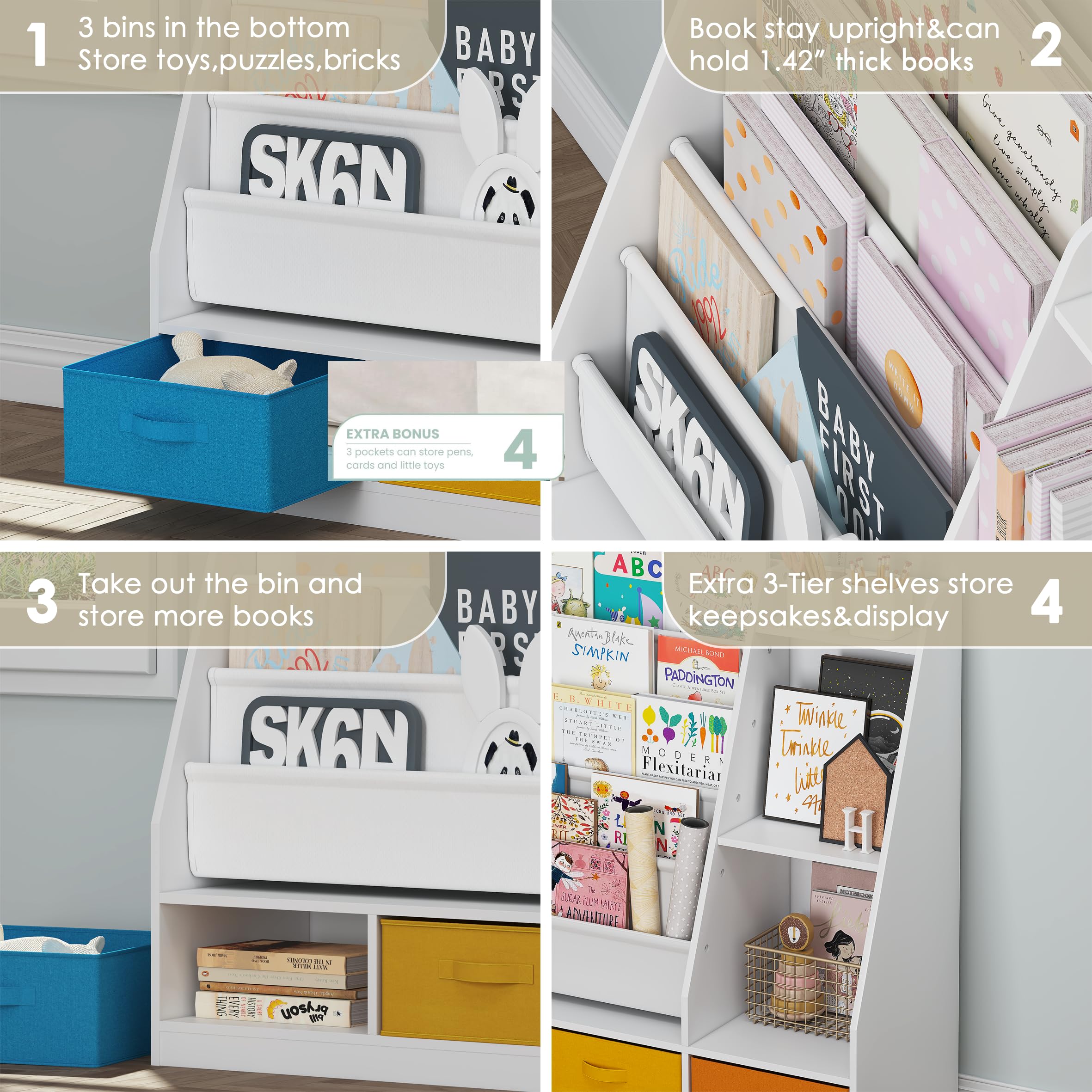 UTEX 5-Tier Kids Sling Bookshelf with Storage Bins, Wood Children Bookcase, Toddler Montessori Book Shelf for Kids Room, Classroom, Bedroom, and Nursery, White - Image 5