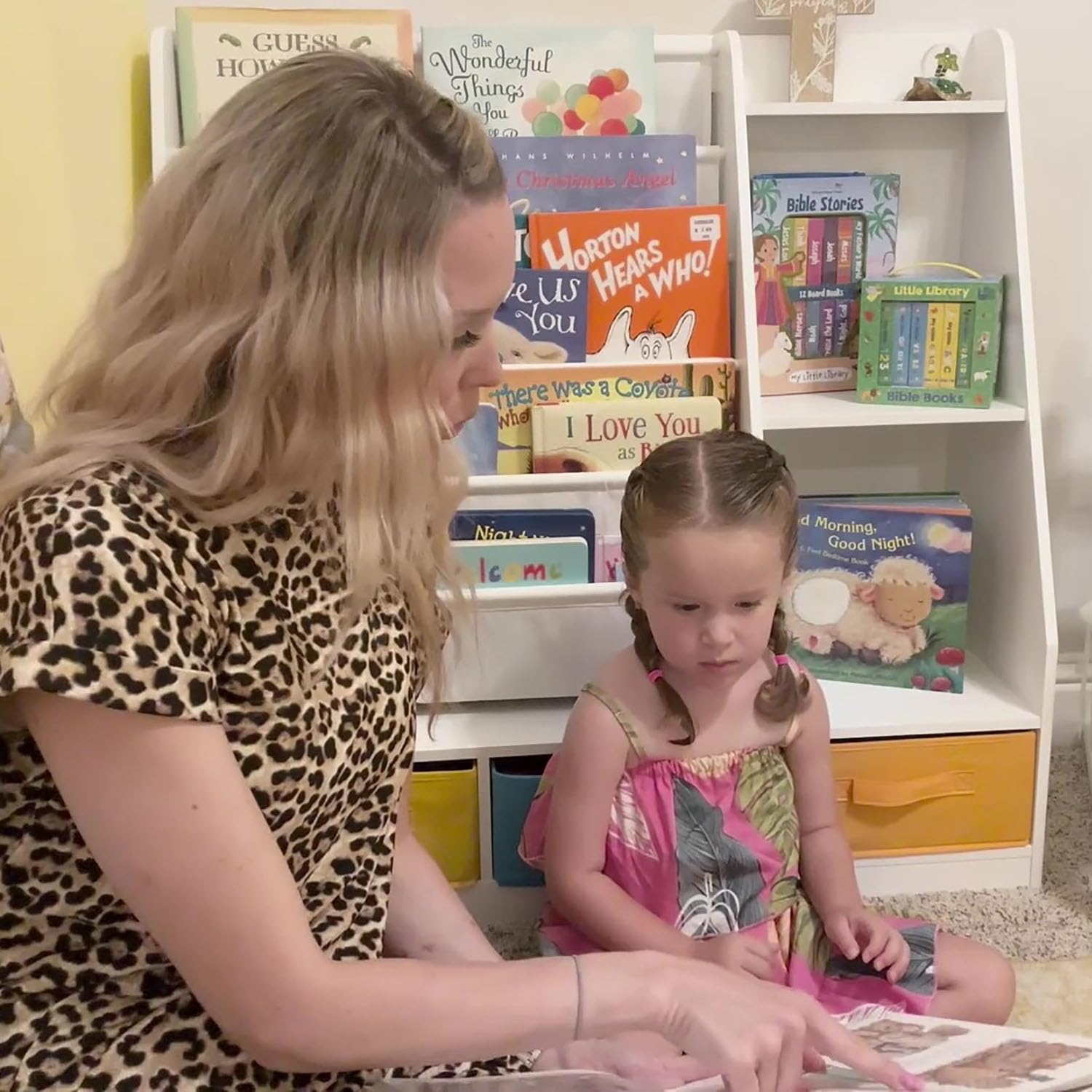 UTEX 5-Tier Kids Sling Bookshelf with Storage Bins, Wood Children Bookcase, Toddler Montessori Book Shelf for Kids Room, Classroom, Bedroom, and Nursery, White - Image 7