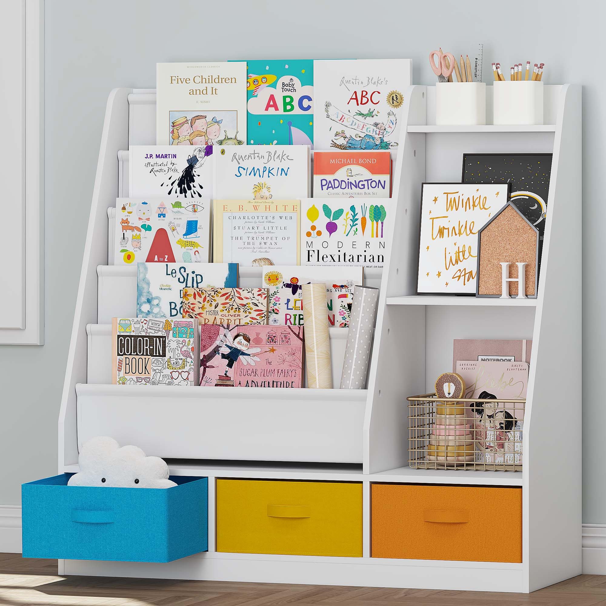 UTEX 5-Tier Kids Sling Bookshelf with Storage Bins, Wood Children Bookcase, Toddler Montessori Book Shelf for Kids Room, Classroom, Bedroom, and Nursery, White - Image 8