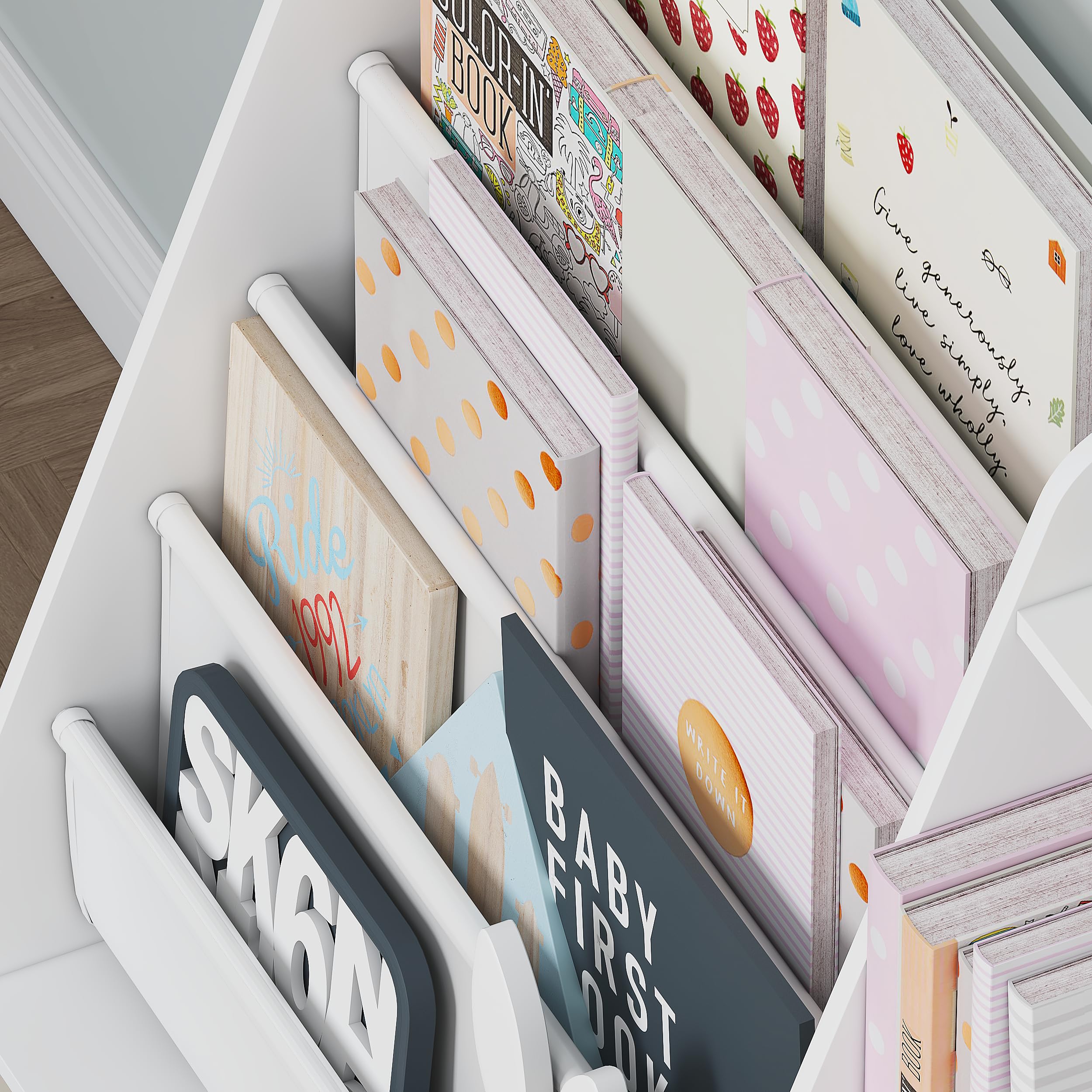 UTEX 5-Tier Kids Sling Bookshelf with Storage Bins, Wood Children Bookcase, Toddler Montessori Book Shelf for Kids Room, Classroom, Bedroom, and Nursery, White - Image 9