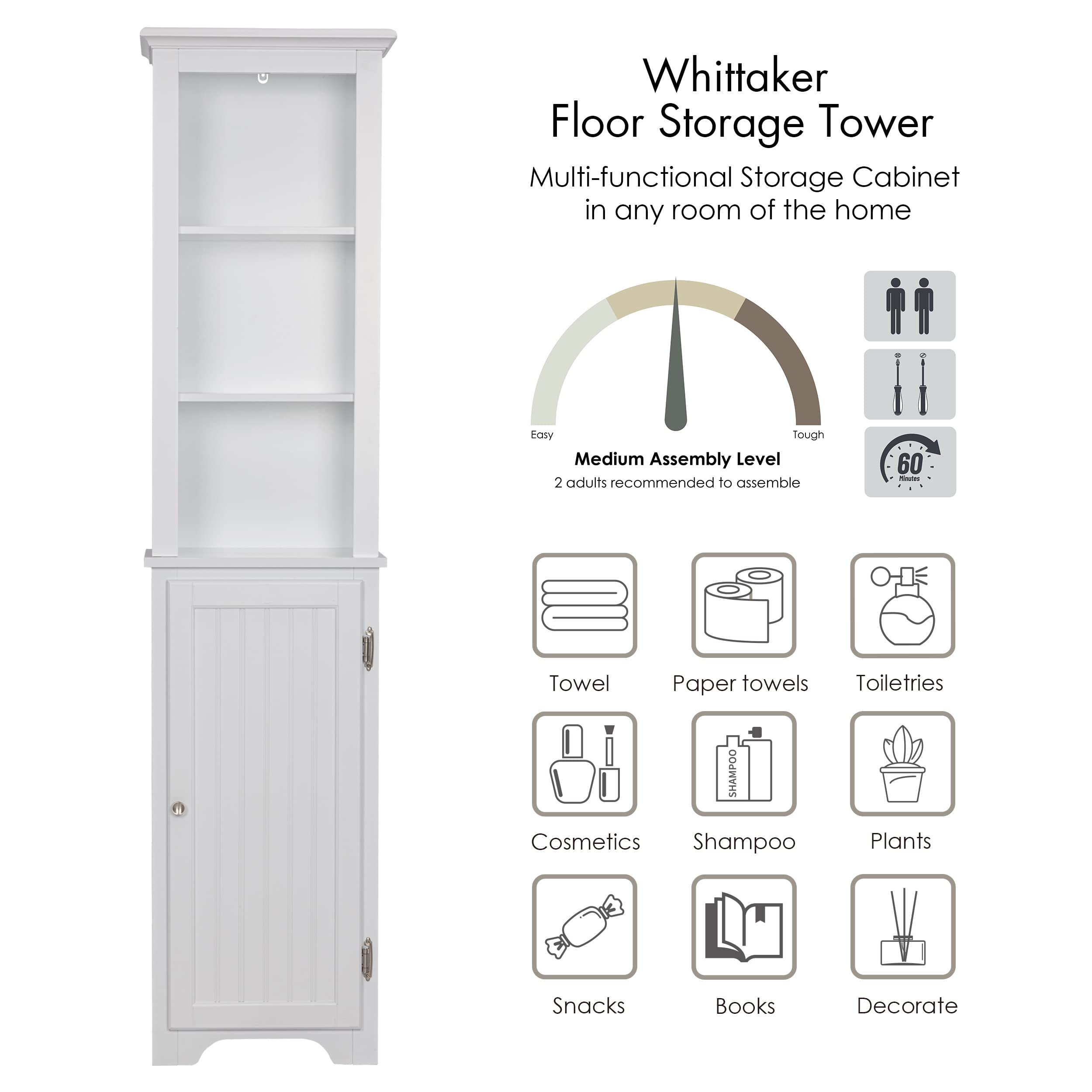 UTEX 64" Freestanding Storage Cabinet, Bathroom Tall Silm Cabinet with Doors and Adjustable Shelves, Free Standing Linen Tower, Home Storage Furniture, White - Image 5