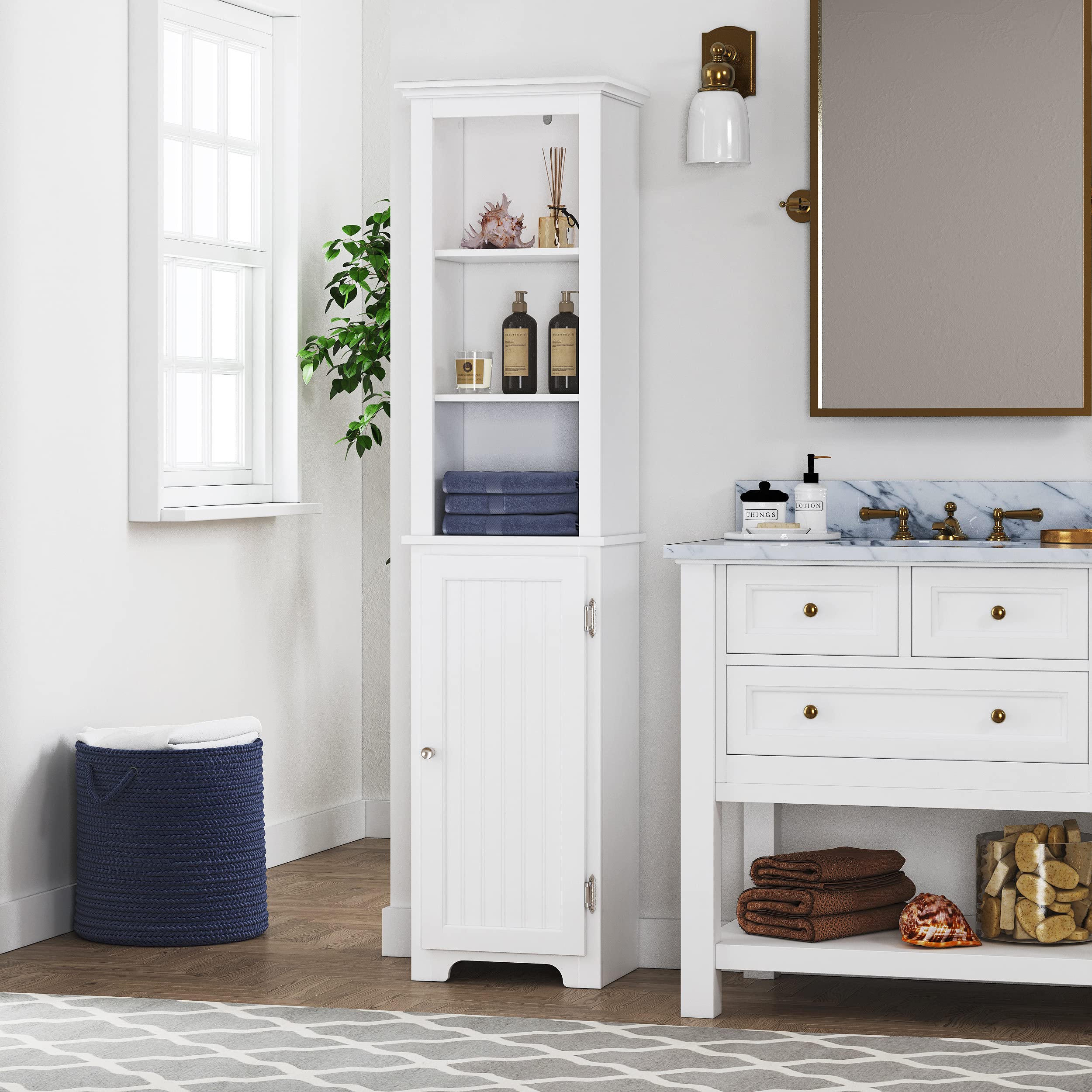 UTEX 64" Freestanding Storage Cabinet, Bathroom Tall Silm Cabinet with Doors and Adjustable Shelves, Free Standing Linen Tower, Home Storage Furniture, White - Image 7