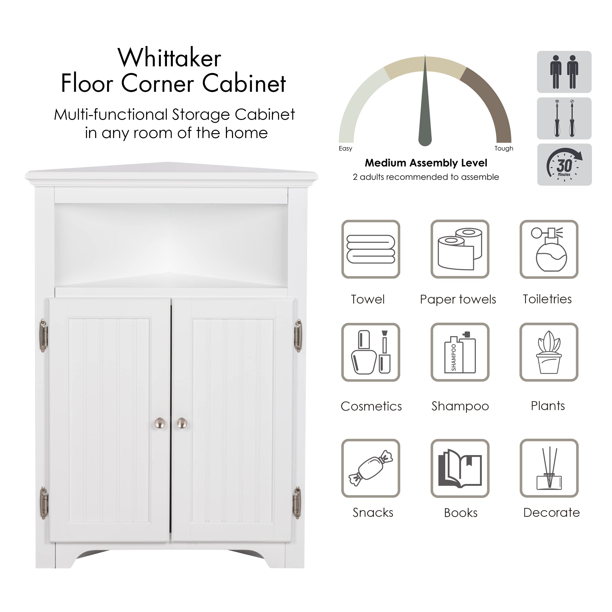 UTEX Bathroom Corner Storage Cabinet, Small Floor Corner Cabinet with Doors and Adjustable Shelves, Freestanding Narrow Storage Organizer for Bathroom, Kitchen, Living Room, White | Floor Corner Cabinet, Doors, Adjustable Shelves, Freestanding, Narrow Cabinet, Organizer - Image 5