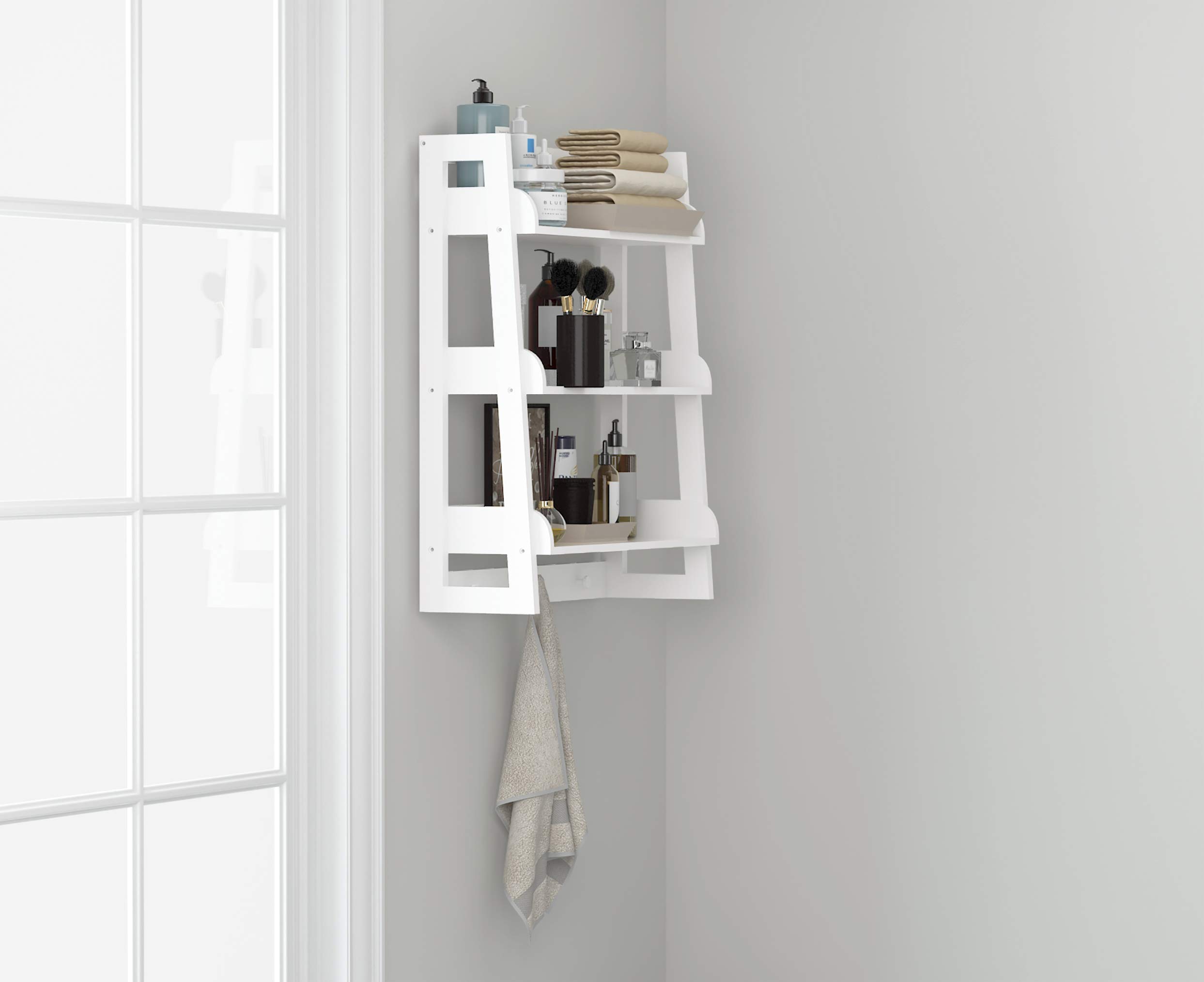 UTEX Bathroom Wall Shelf, Over Toilet Storage Shelf Organizer, 3-Tier Wall Mount Shelf Rack with Hook, White - Image 7