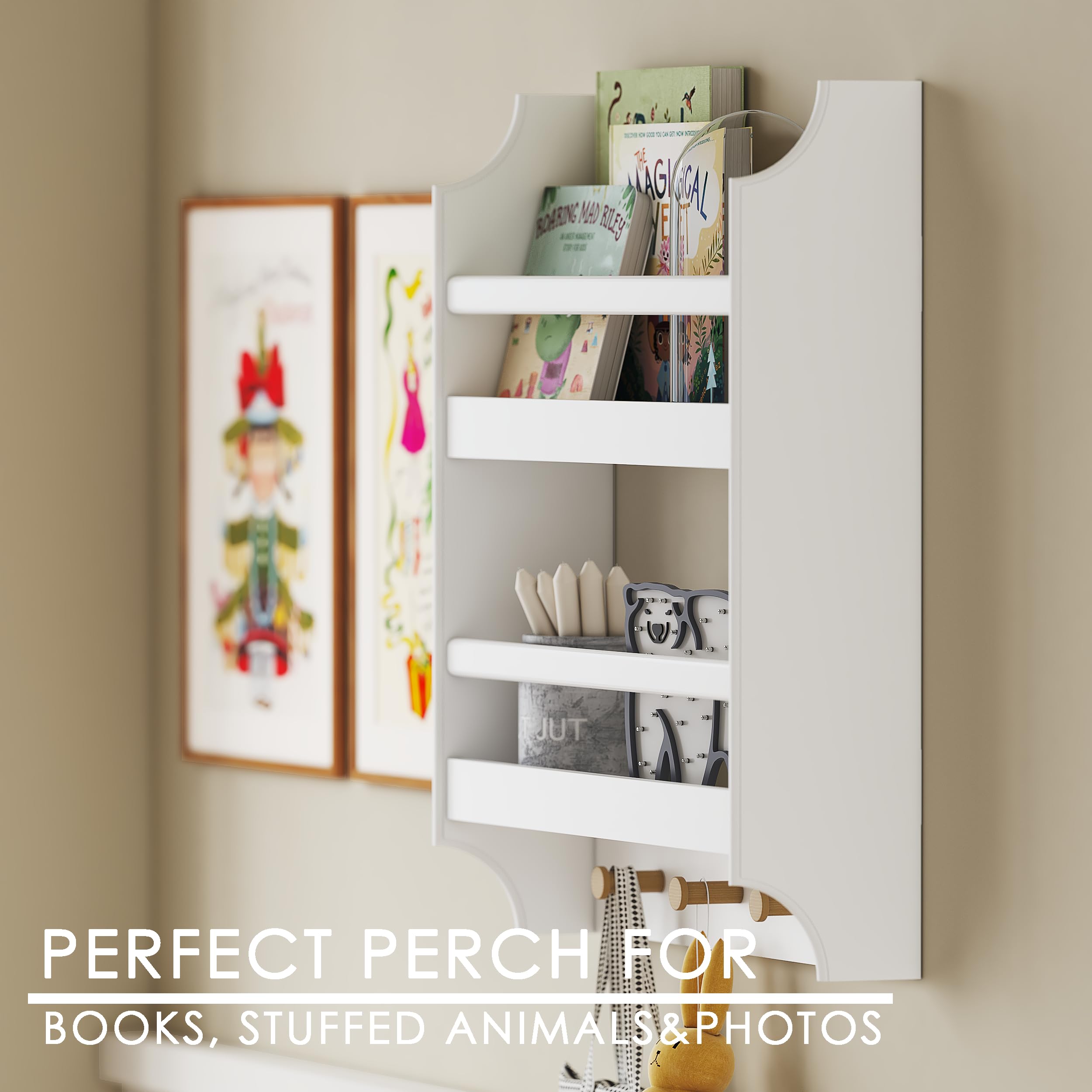 UTEX Floating Nursery Book Shelves with Hooks, 2-Tier Hanging Bookshelves for Wall Decor and Storage, Wall Mounted Baby Book Shelf for Kids Room, Bedroom, Bathroom, Kitchen, 19.7 Inch - Image 3