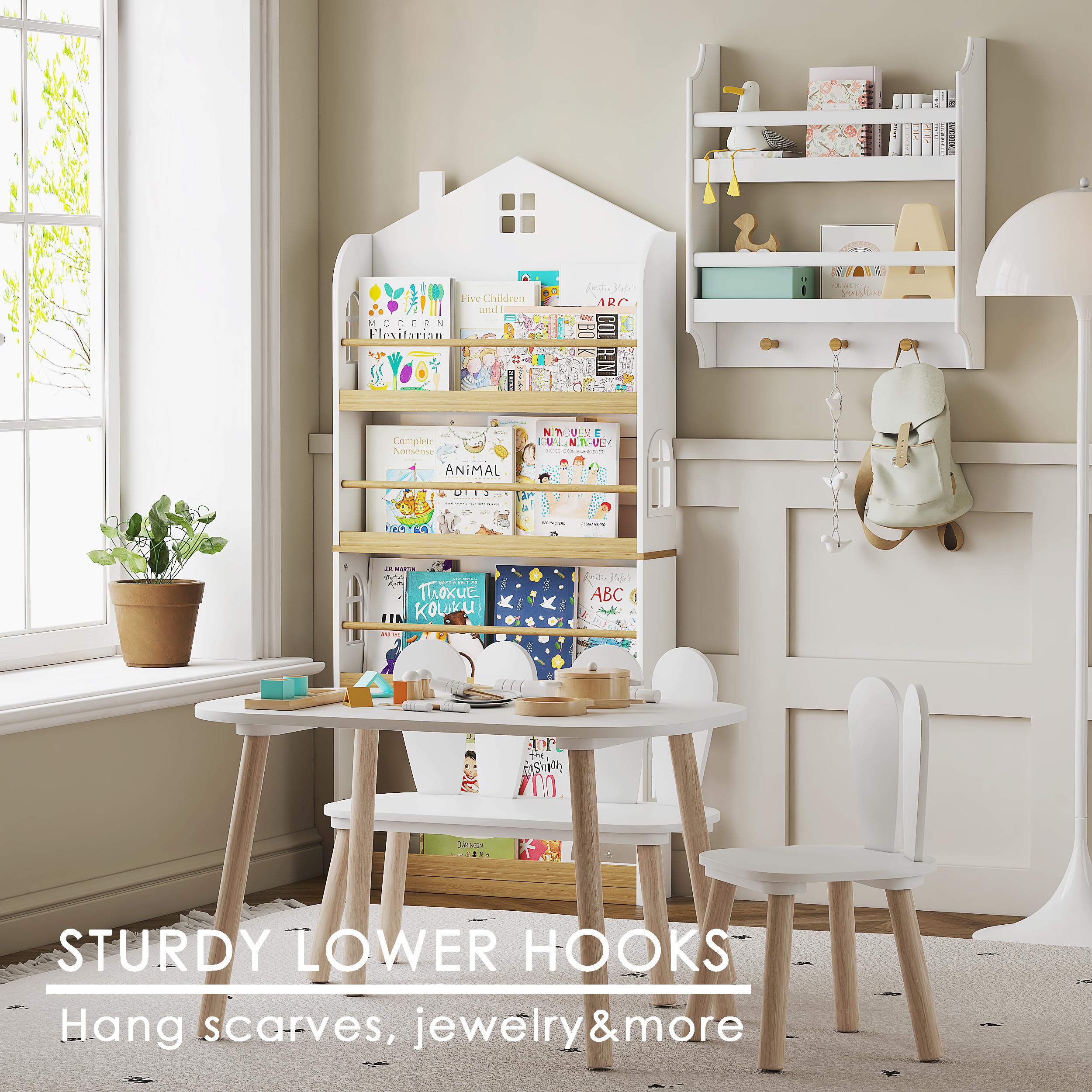 UTEX Floating Nursery Book Shelves with Hooks, 2-Tier Hanging Bookshelves for Wall Decor and Storage, Wall Mounted Baby Book Shelf for Kids Room, Bedroom, Bathroom, Kitchen, 19.7 Inch - Image 4