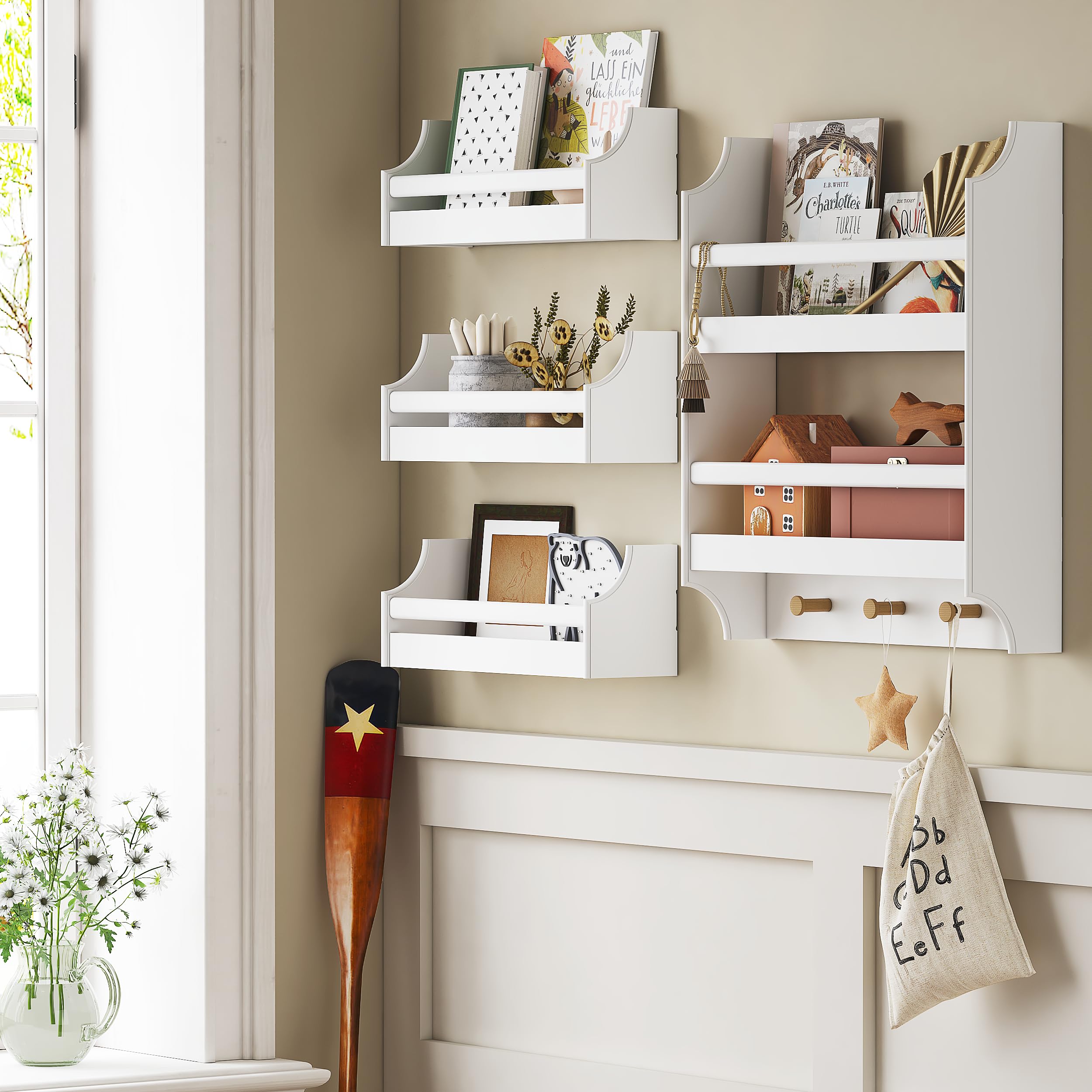 UTEX Floating Nursery Book Shelves with Hooks, 2-Tier Hanging Bookshelves for Wall Decor and Storage, Wall Mounted Baby Book Shelf for Kids Room, Bedroom, Bathroom, Kitchen, 19.7 Inch - Image 5