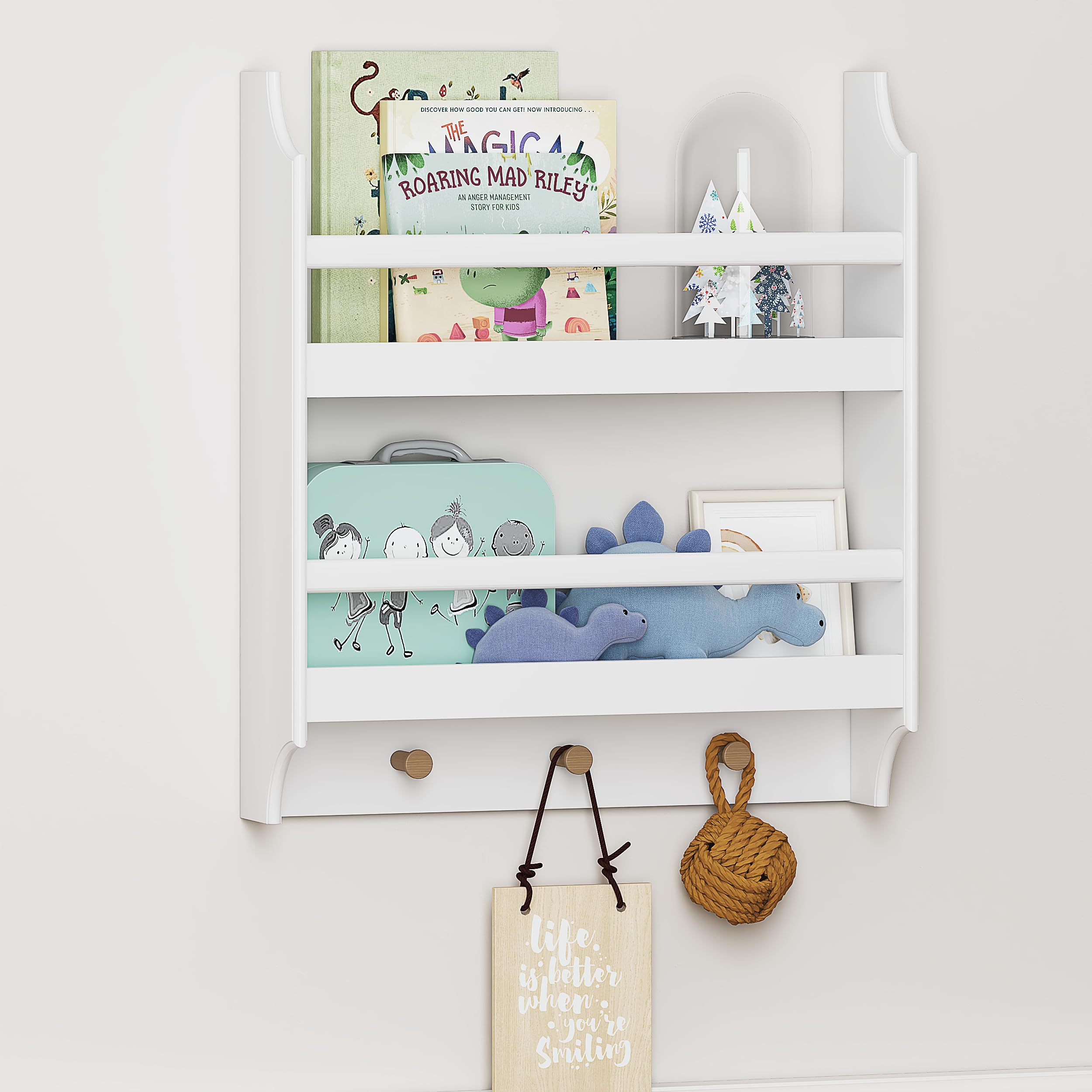 UTEX Floating Nursery Book Shelves with Hooks, 2-Tier Hanging Bookshelves for Wall Decor and Storage, Wall Mounted Baby Book Shelf for Kids Room, Bedroom, Bathroom, Kitchen, 19.7 Inch - Image 6