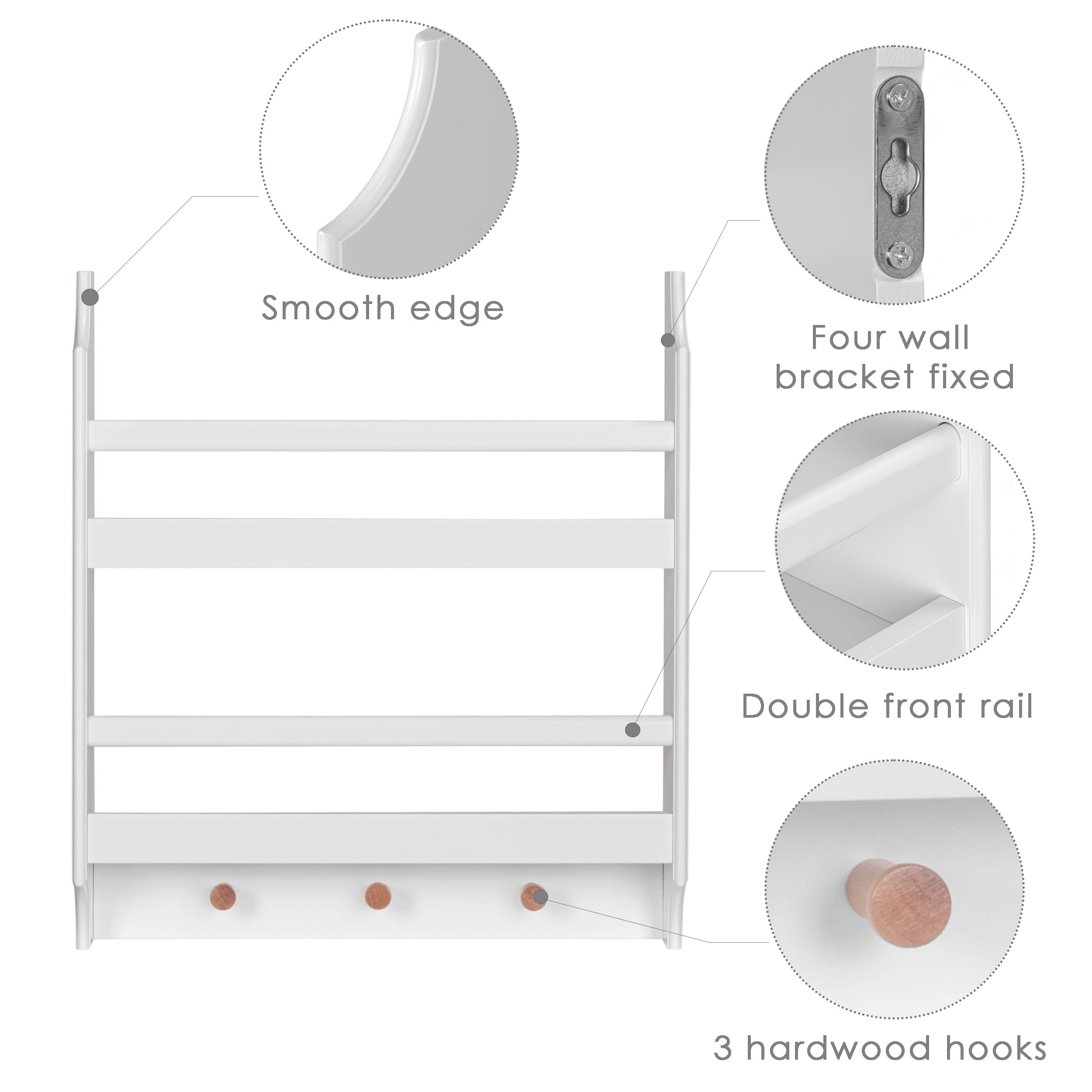 UTEX Floating Nursery Book Shelves with Hooks, 2-Tier Hanging Bookshelves for Wall Decor and Storage, Wall Mounted Baby Book Shelf for Kids Room, Bedroom, Bathroom, Kitchen, 19.7 Inch - Image 7