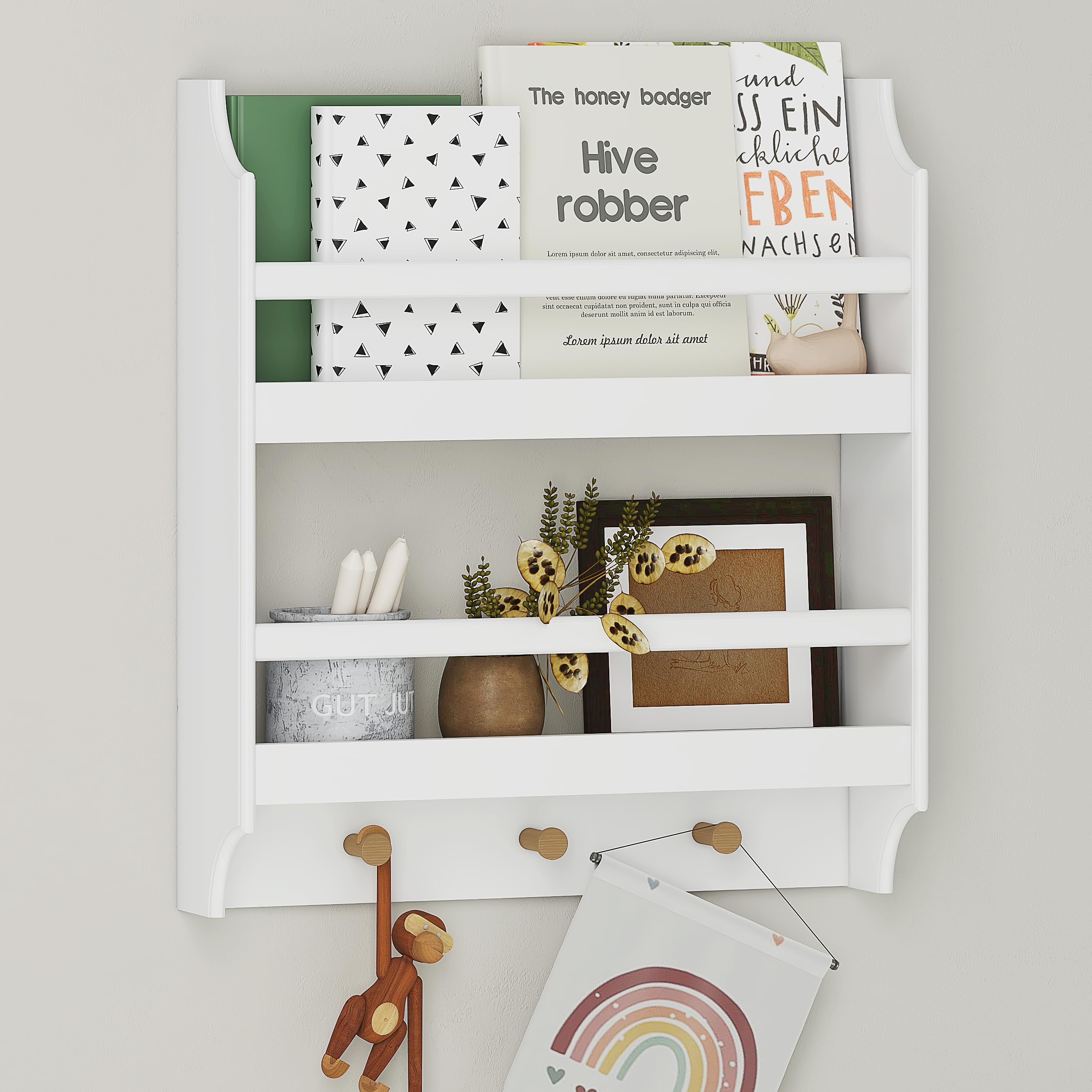 UTEX Floating Nursery Book Shelves with Hooks, 2-Tier Hanging Bookshelves for Wall Decor and Storage, Wall Mounted Baby Book Shelf for Kids Room, Bedroom, Bathroom, Kitchen, 19.7 Inch - Image 9