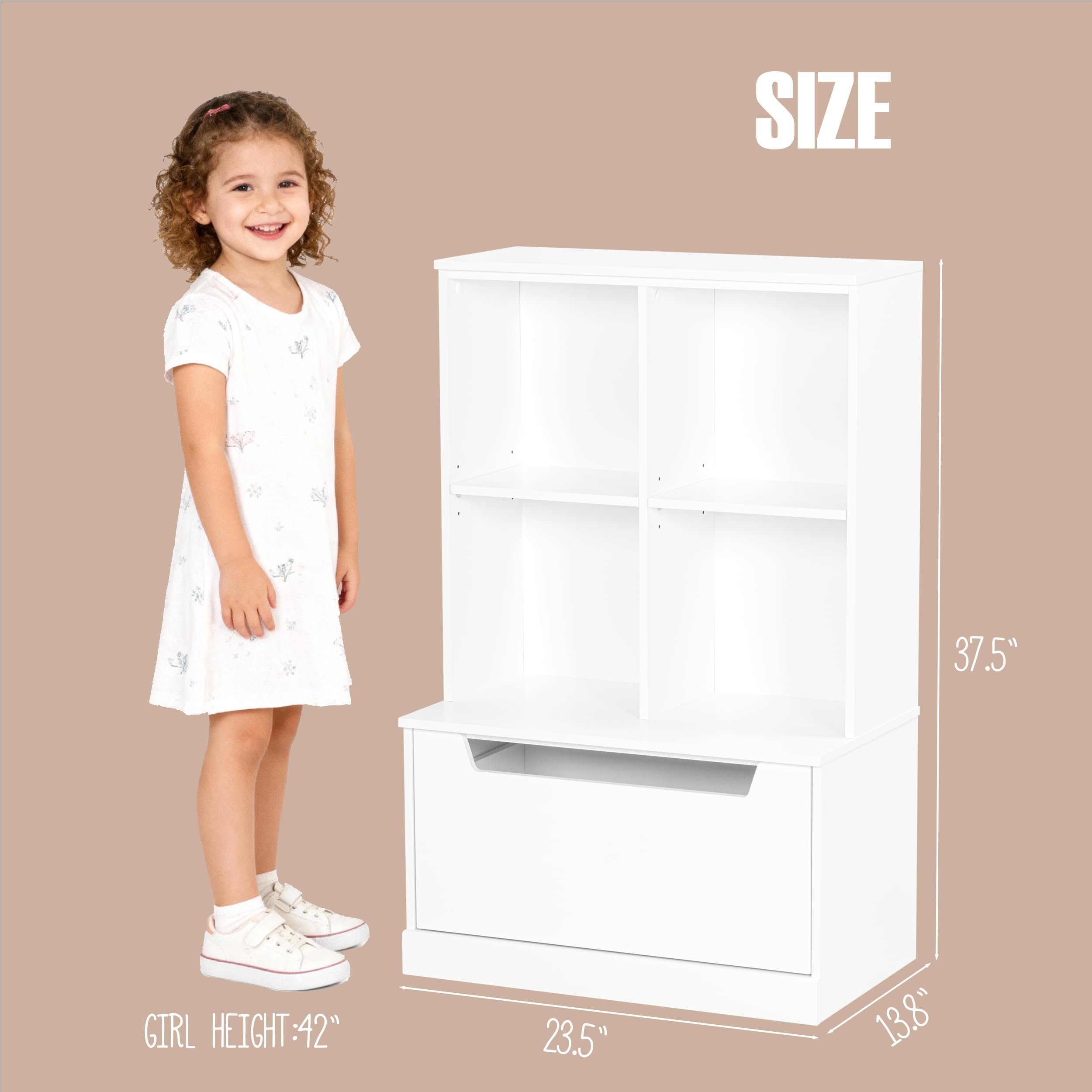 UTEX Kids Bookshelf and Toy Storage Organizer, Toddlers Bookcase with Cubbies, Adjustable Wood Shelf with Drawer for Bedroom, Playroom, Nursery, White - Image 3