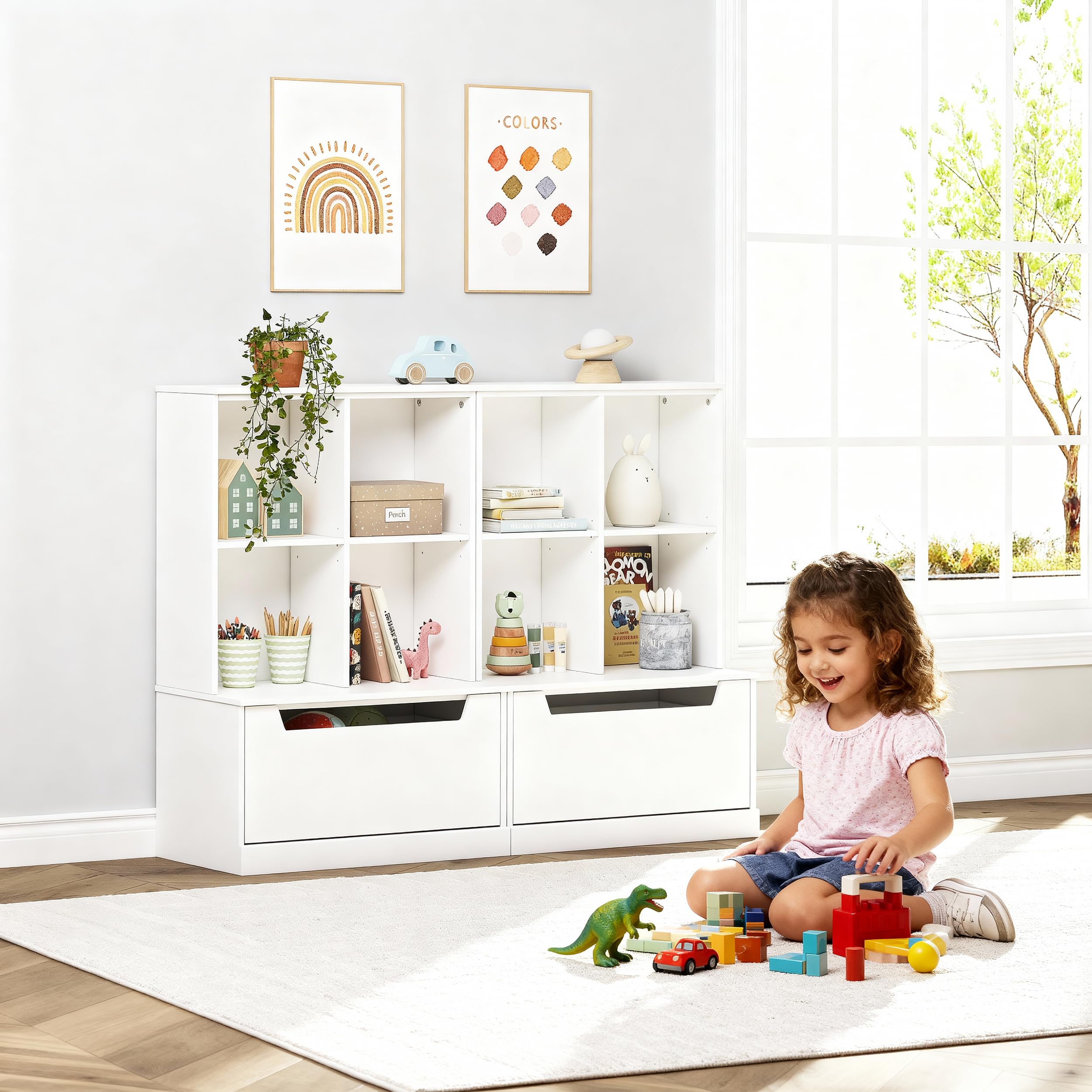 UTEX Kids Bookshelf and Toy Storage Organizer, Toddlers Bookcase with Cubbies, Adjustable Wood Shelf with Drawer for Bedroom, Playroom, Nursery, White - Image 4