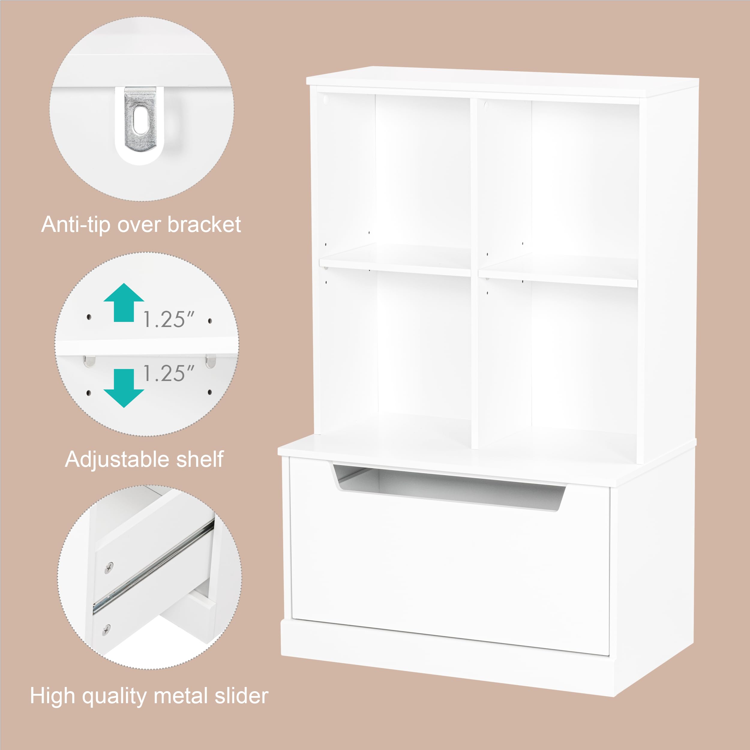 UTEX Kids Bookshelf and Toy Storage Organizer, Toddlers Bookcase with Cubbies, Adjustable Wood Shelf with Drawer for Bedroom, Playroom, Nursery, White - Image 5