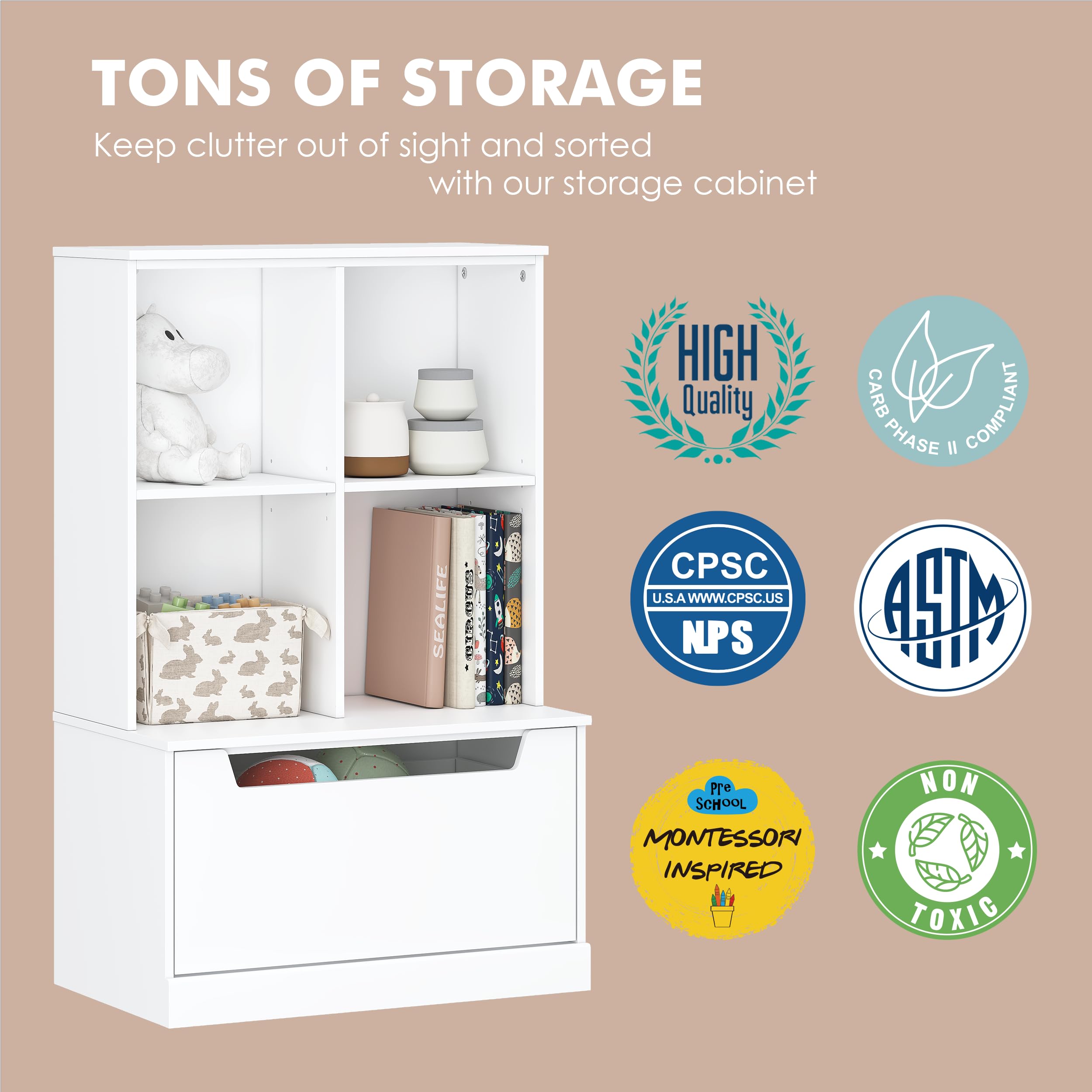 UTEX Kids Bookshelf and Toy Storage Organizer, Toddlers Bookcase with Cubbies, Adjustable Wood Shelf with Drawer for Bedroom, Playroom, Nursery, White - Image 6