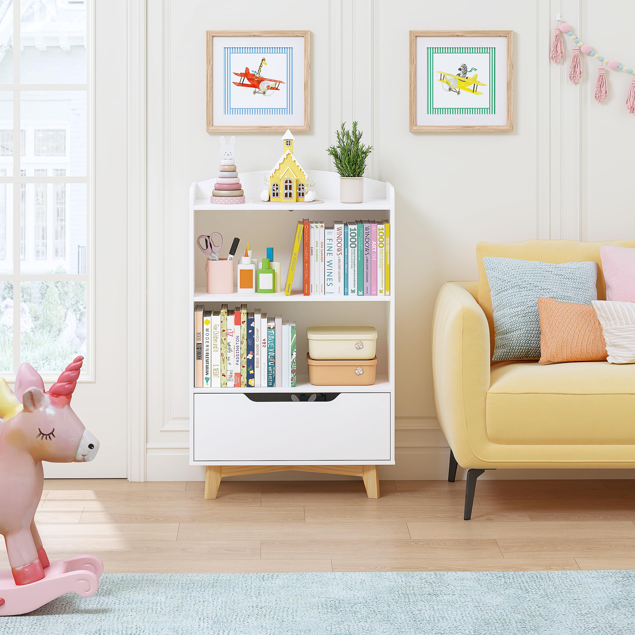 UTEX Kids Bookshelf, Children Bookcases with Storage and Drawer, Wood Kids Toy Storage Organizer for Playroom, Nursery School, White | with Storage, and Drawer, for Playroom, Nursery School - Image 4