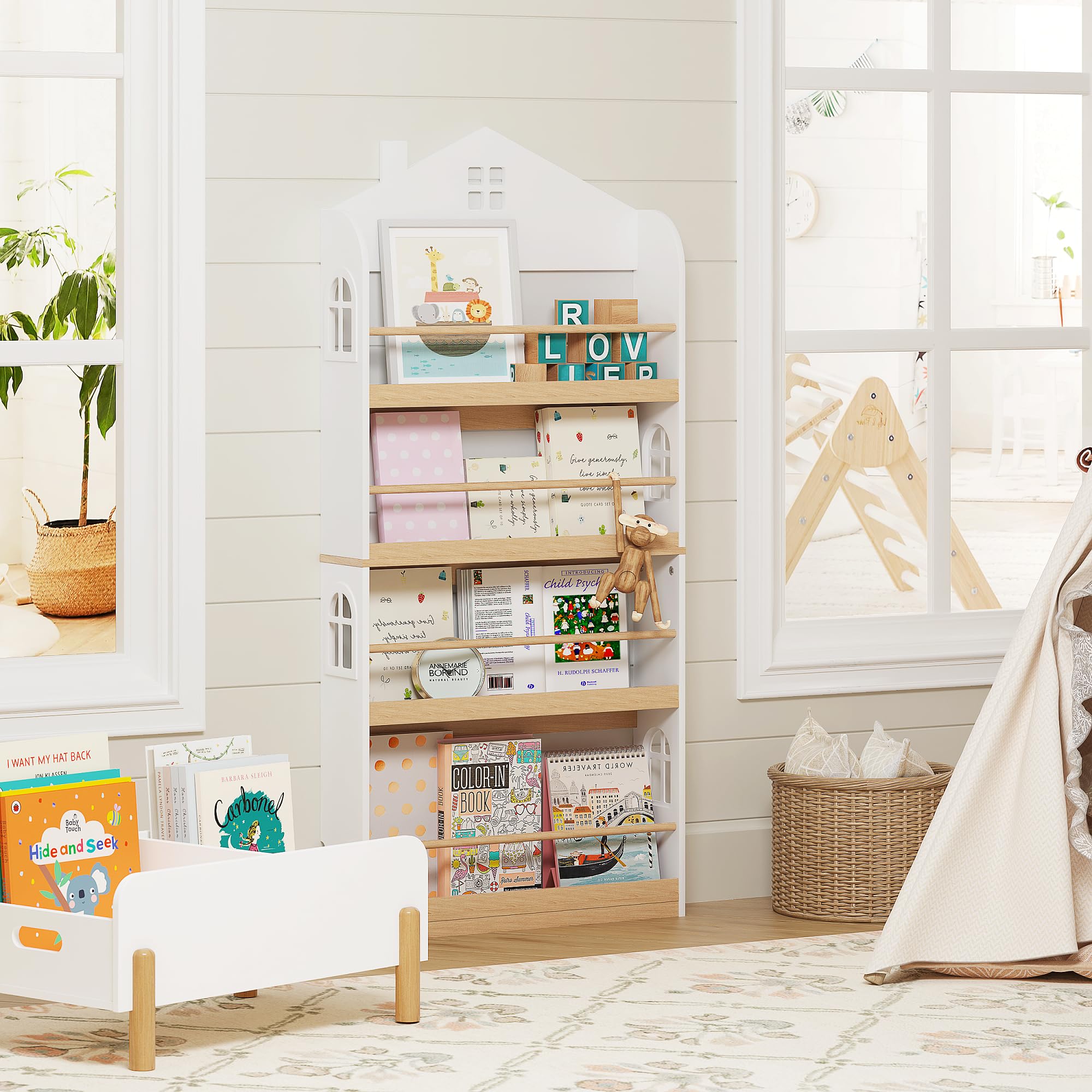 UTEX Kids Bookshelf Wall Mounted, 4-Tier Book Shelf Organizer, Tall Wooden Children's Bookcase, Storage Book Rack for Kids Room, Nursery, Bedroom, Living Room, White - Image 3