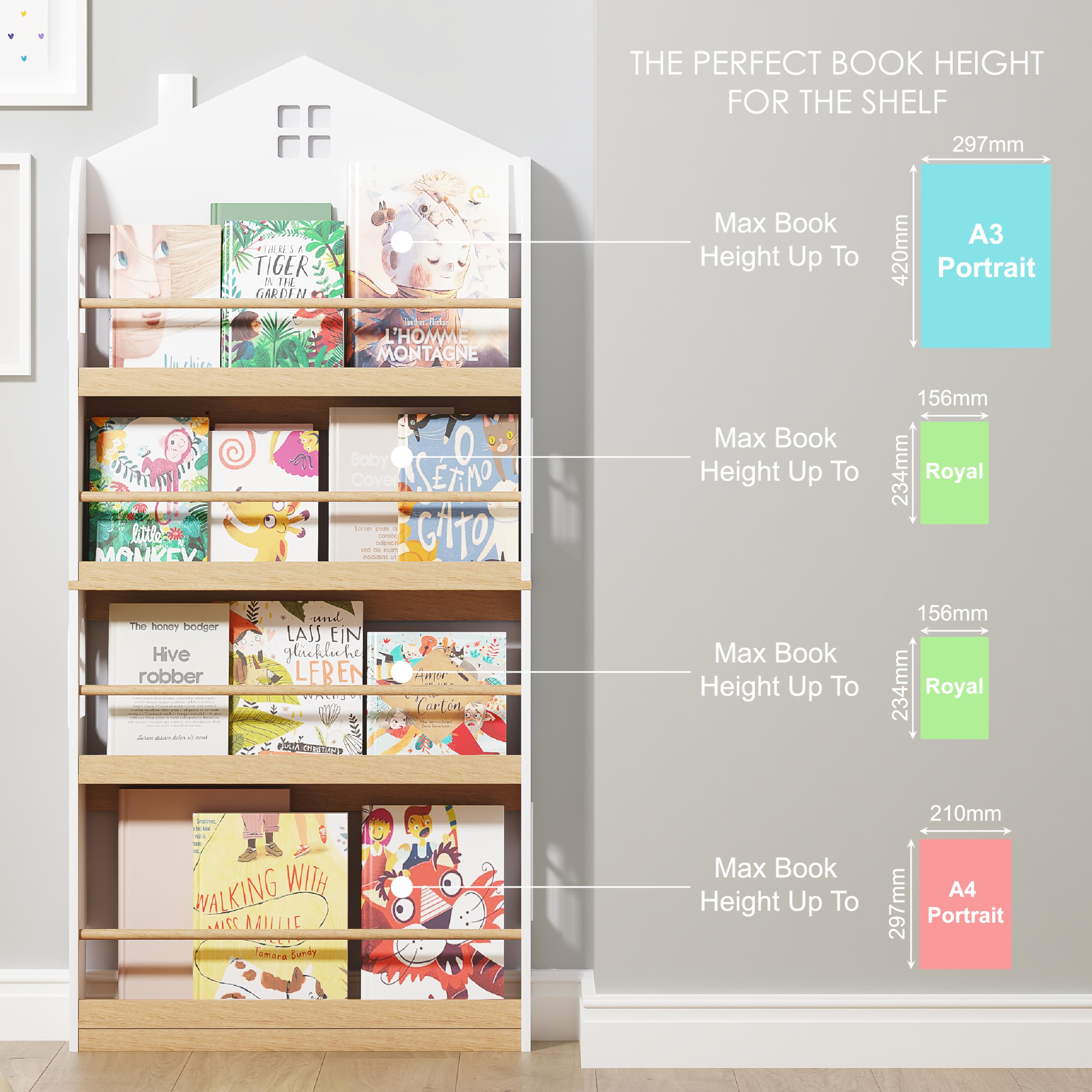 UTEX Kids Bookshelf Wall Mounted, 4-Tier Book Shelf Organizer, Tall Wooden Children's Bookcase, Storage Book Rack for Kids Room, Nursery, Bedroom, Living Room, White - Image 4