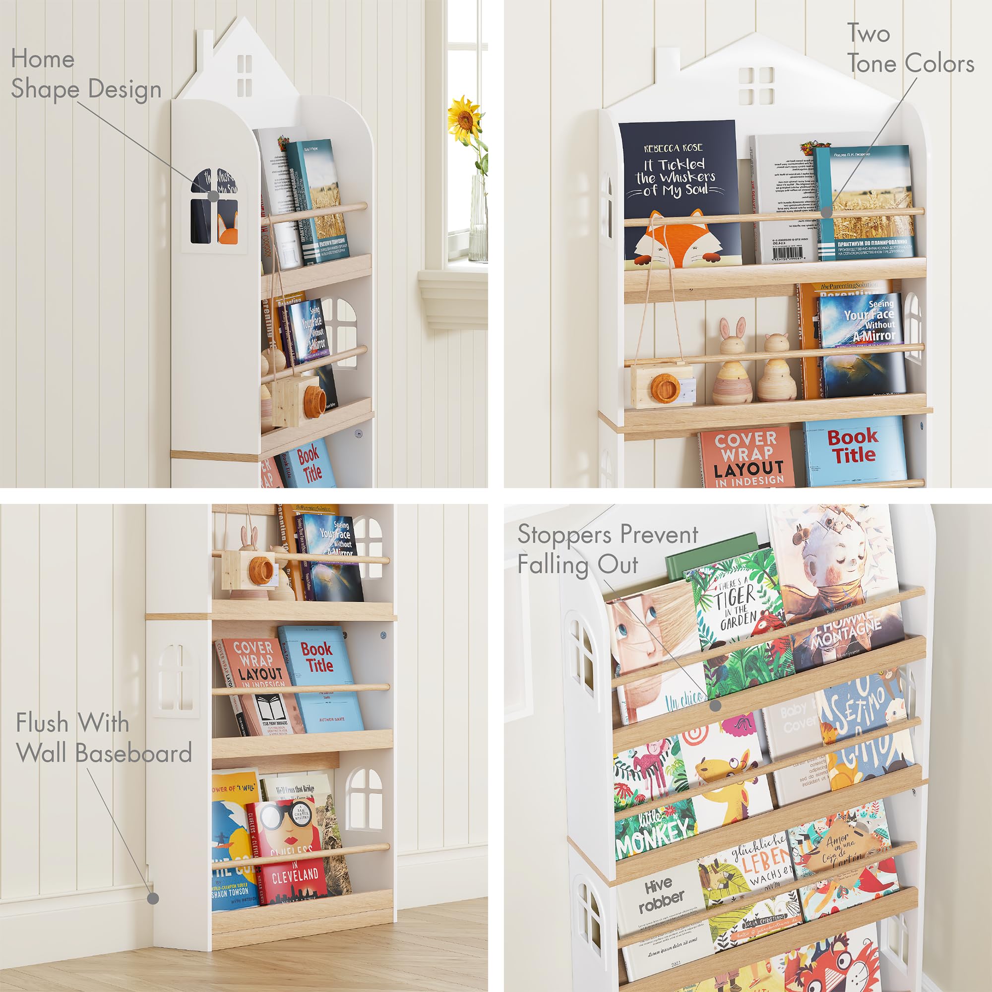 UTEX Kids Bookshelf Wall Mounted, 4-Tier Book Shelf Organizer, Tall Wooden Children's Bookcase, Storage Book Rack for Kids Room, Nursery, Bedroom, Living Room, White - Image 5