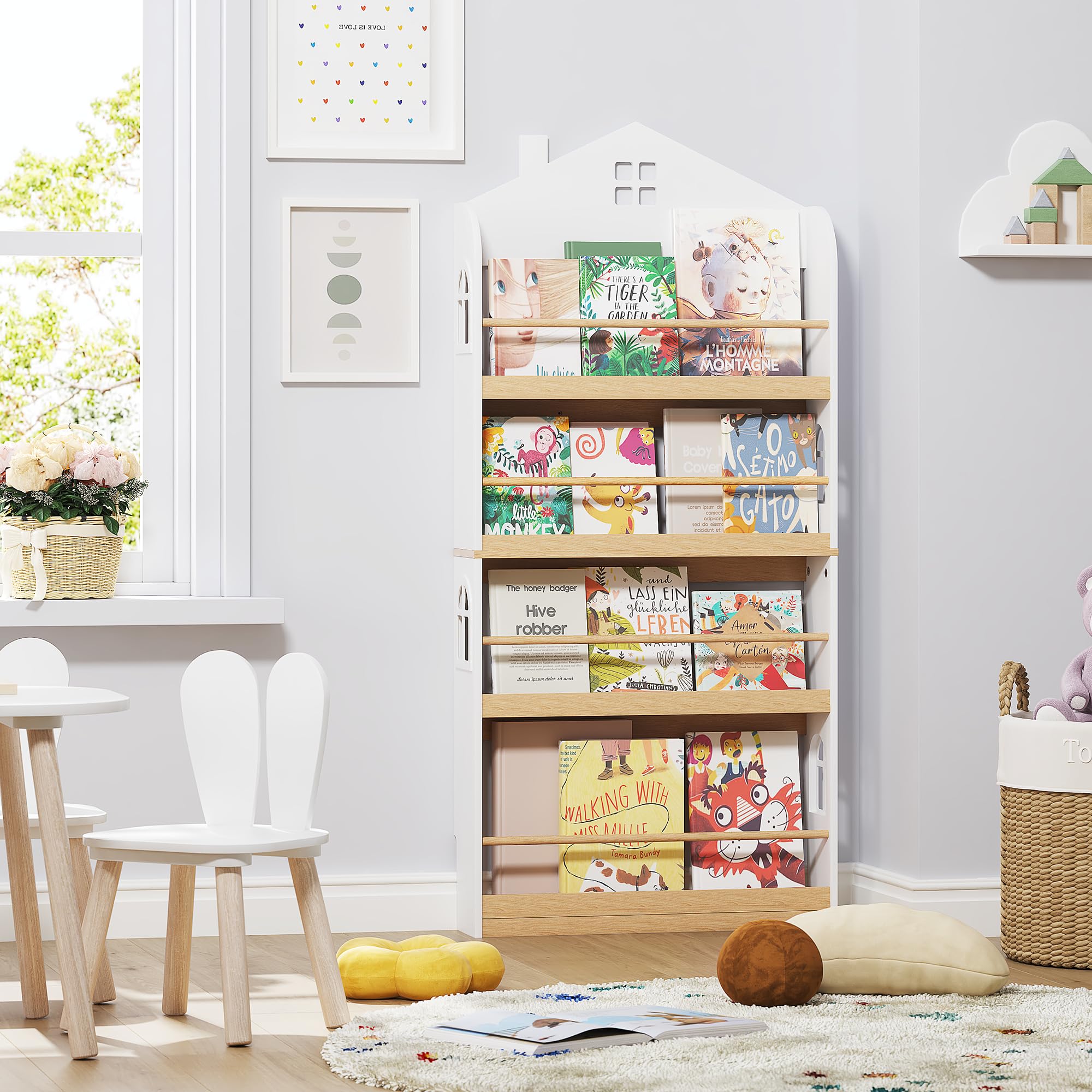 UTEX Kids Bookshelf Wall Mounted, 4-Tier Book Shelf Organizer, Tall Wooden Children's Bookcase, Storage Book Rack for Kids Room, Nursery, Bedroom, Living Room, White - Image 7