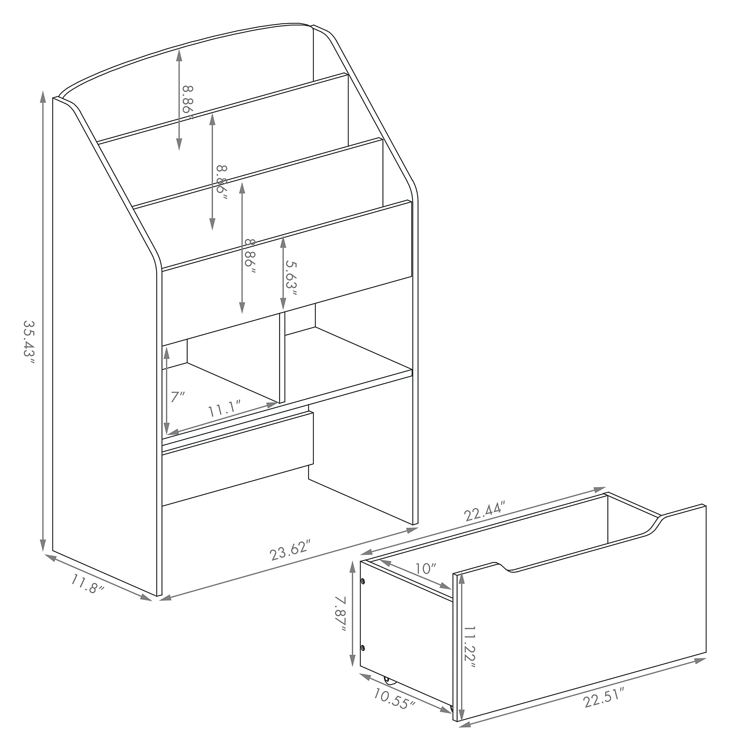 UTEX Kids Bookshelf with Movable Toy Box, Toddler Book Shelf and Toy Storage, Children Book Display Rack Toy Chest Combo for Kids Room & Nursery, White - Image 3