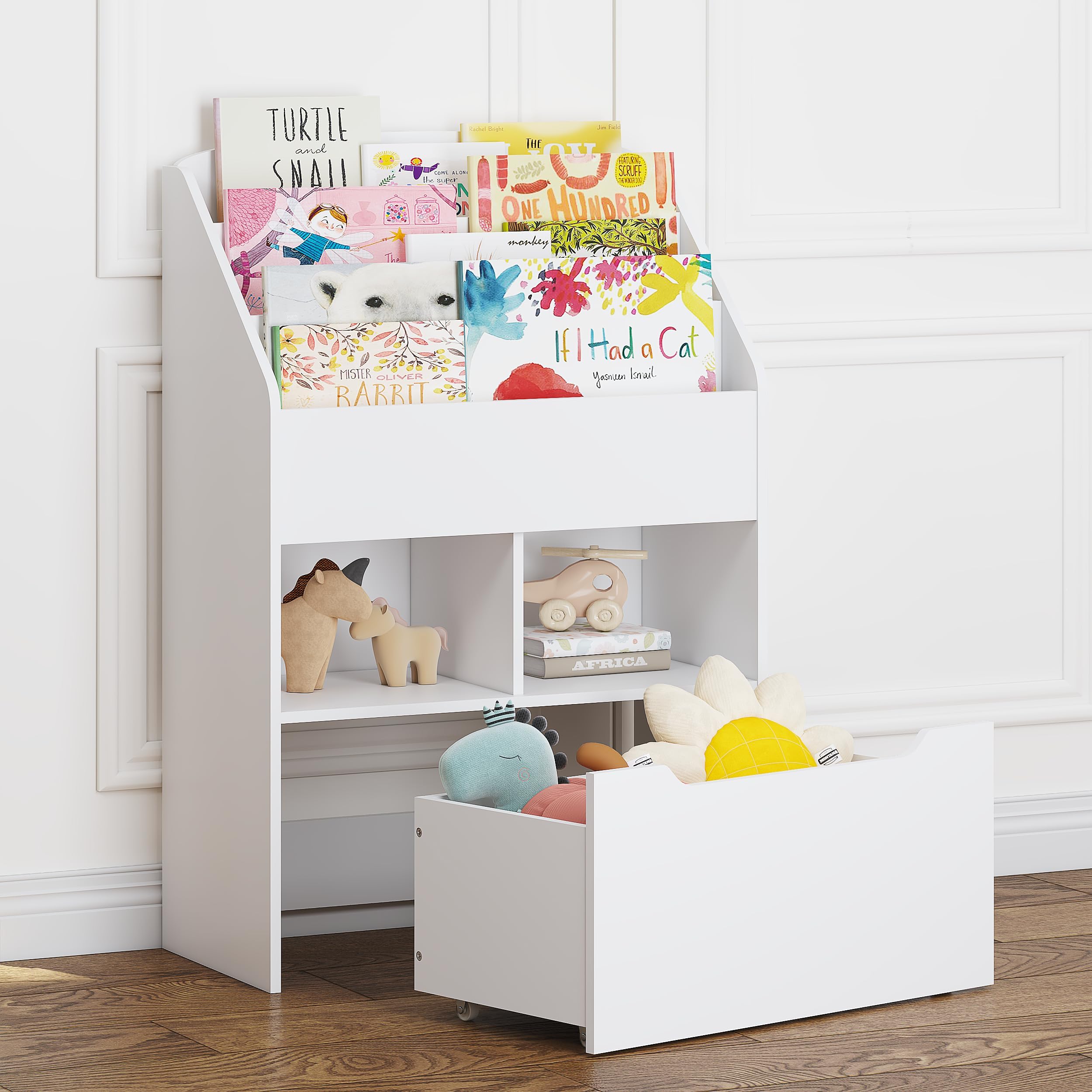UTEX Kids Bookshelf with Movable Toy Box, Toddler Book Shelf and Toy Storage, Children Book Display Rack Toy Chest Combo for Kids Room & Nursery, White - Image 5