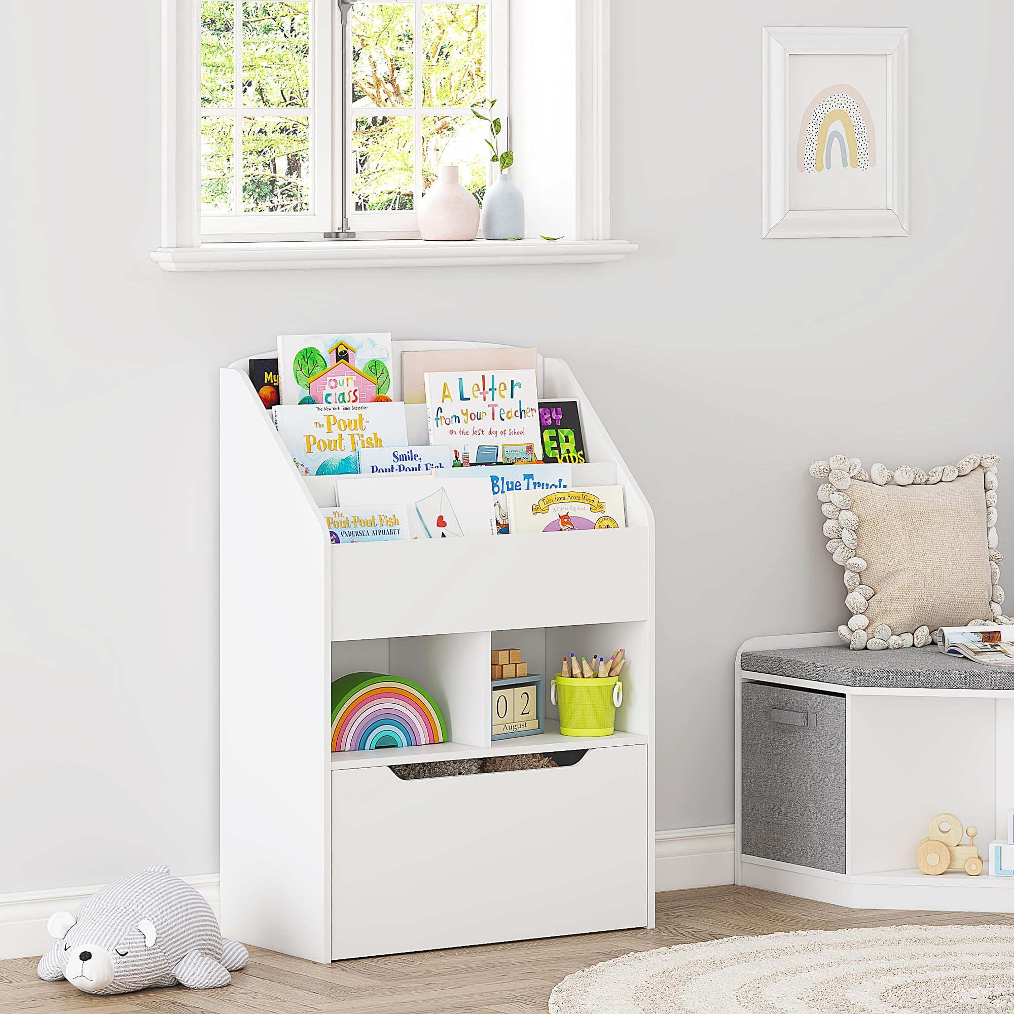 UTEX Kids Bookshelf with Movable Toy Box, Toddler Book Shelf and Toy Storage, Children Book Display Rack Toy Chest Combo for Kids Room & Nursery, White - Image 9