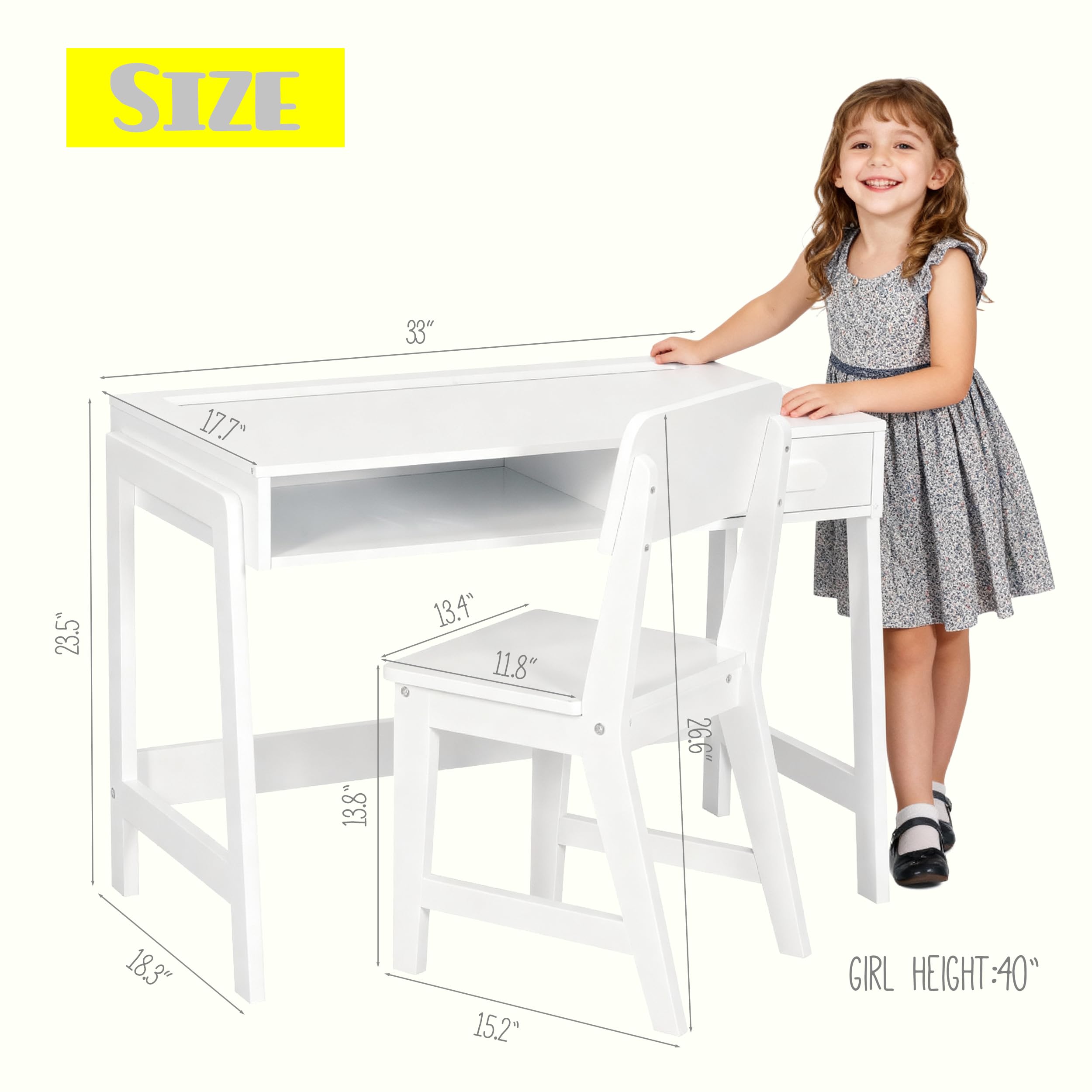 UTEX Kids Desk and Chair Set, Study Desk for Kids with Storage Bins, Wooden Children Study Table, Student Writing Desk for Bedroom & Study Room (1 Open & 1 Drawer) - Image 3