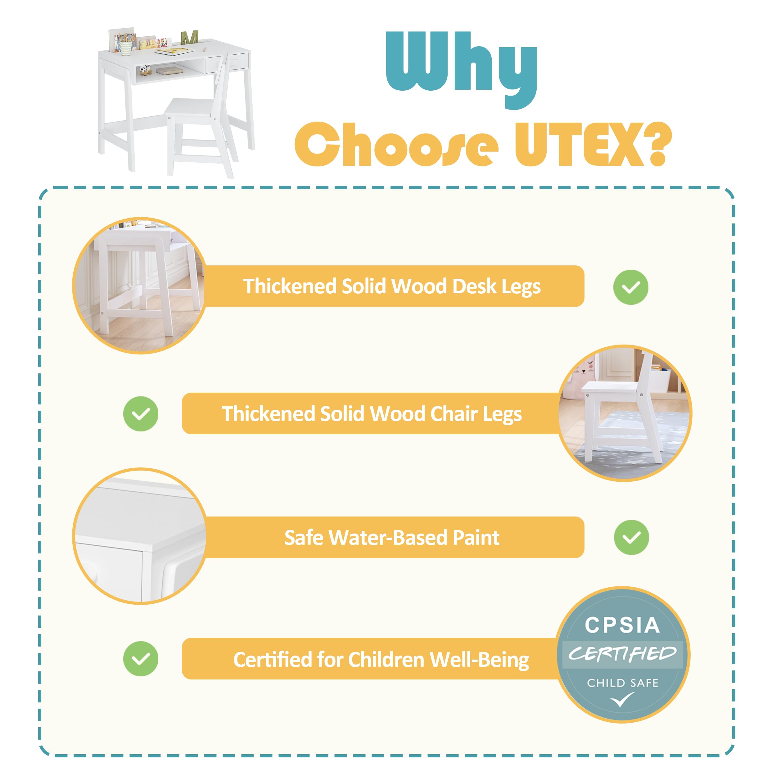 UTEX Kids Desk and Chair Set, Study Desk for Kids with Storage Bins, Wooden Children Study Table, Student Writing Desk for Bedroom & Study Room (1 Open & 1 Drawer) - Image 4