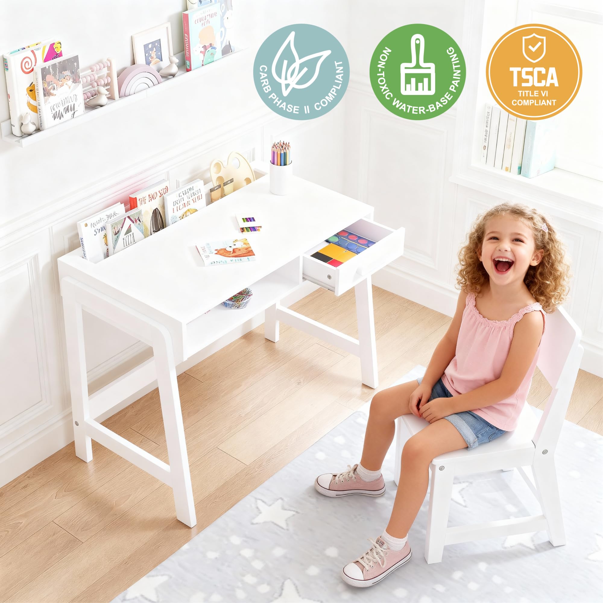 UTEX Kids Desk and Chair Set, Study Desk for Kids with Storage Bins, Wooden Children Study Table, Student Writing Desk for Bedroom & Study Room (1 Open & 1 Drawer) - Image 5