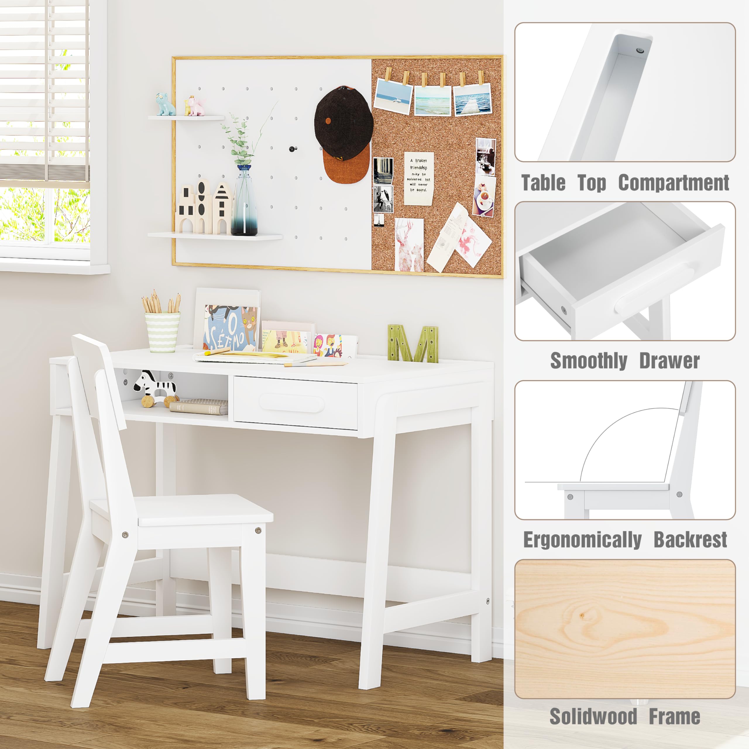 UTEX Kids Desk and Chair Set, Study Desk for Kids with Storage Bins, Wooden Children Study Table, Student Writing Desk for Bedroom & Study Room (1 Open & 1 Drawer) - Image 6