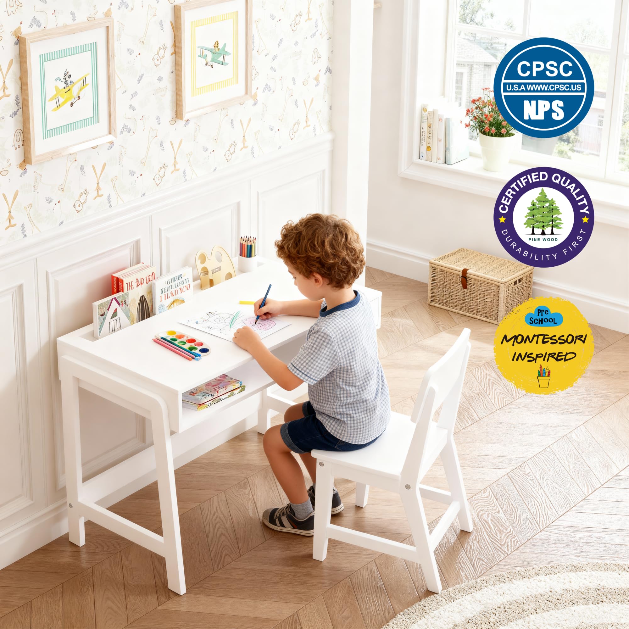 UTEX Kids Desk and Chair Set, Study Desk for Kids with Storage Bins, Wooden Children Study Table, Student Writing Desk for Bedroom & Study Room (1 Open & 1 Drawer) - Image 8