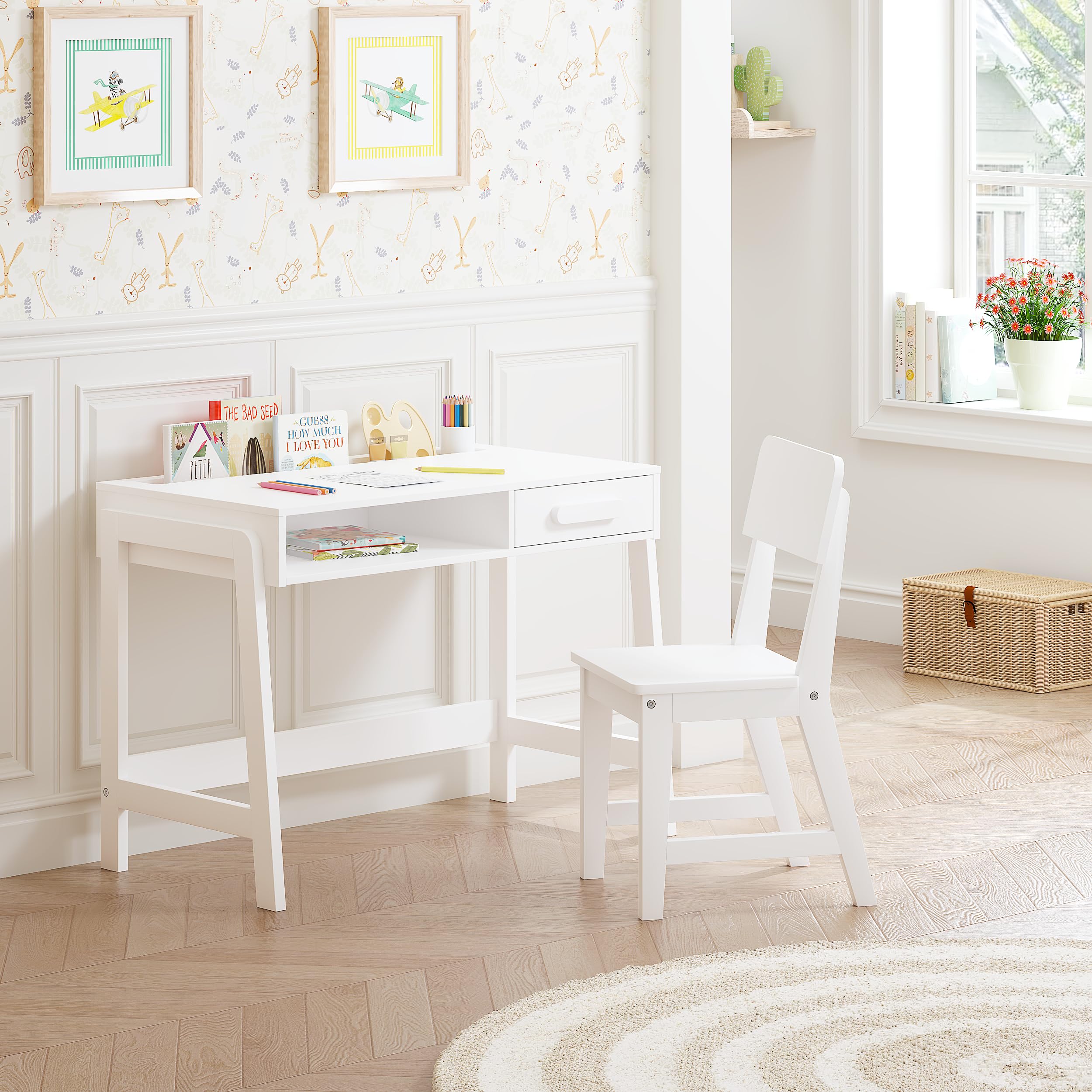 UTEX Kids Desk and Chair Set, Study Desk for Kids with Storage Bins, Wooden Children Study Table, Student Writing Desk for Bedroom & Study Room (1 Open & 1 Drawer) - Image 9