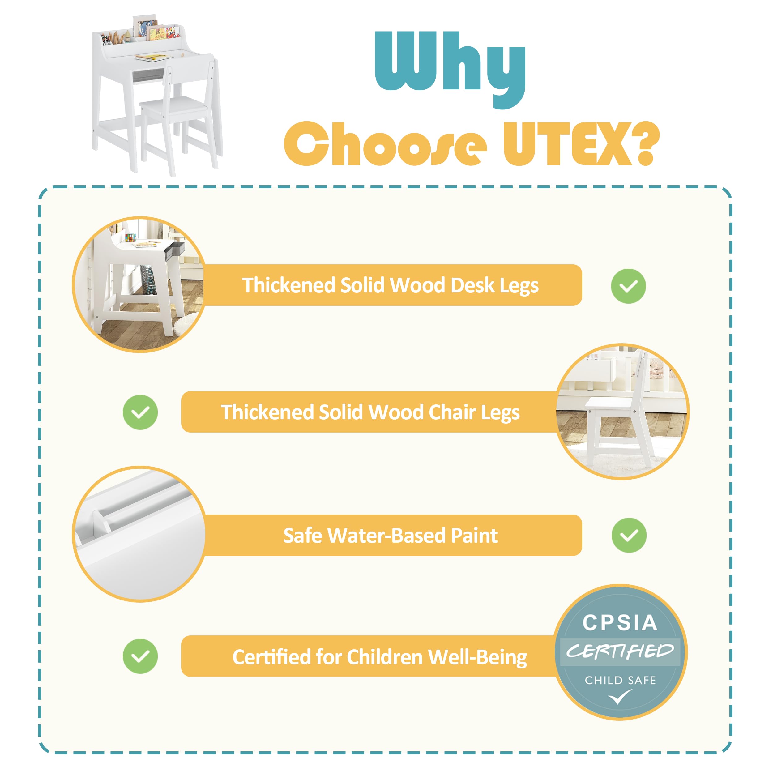 UTEX Kids Desk and Chair Set, Study Desk for Kids with Storage Bins, Wooden Children Study Table, Student Writing Desk for Bedroom & Study Room (2 Fabric Drawers) - Image 3